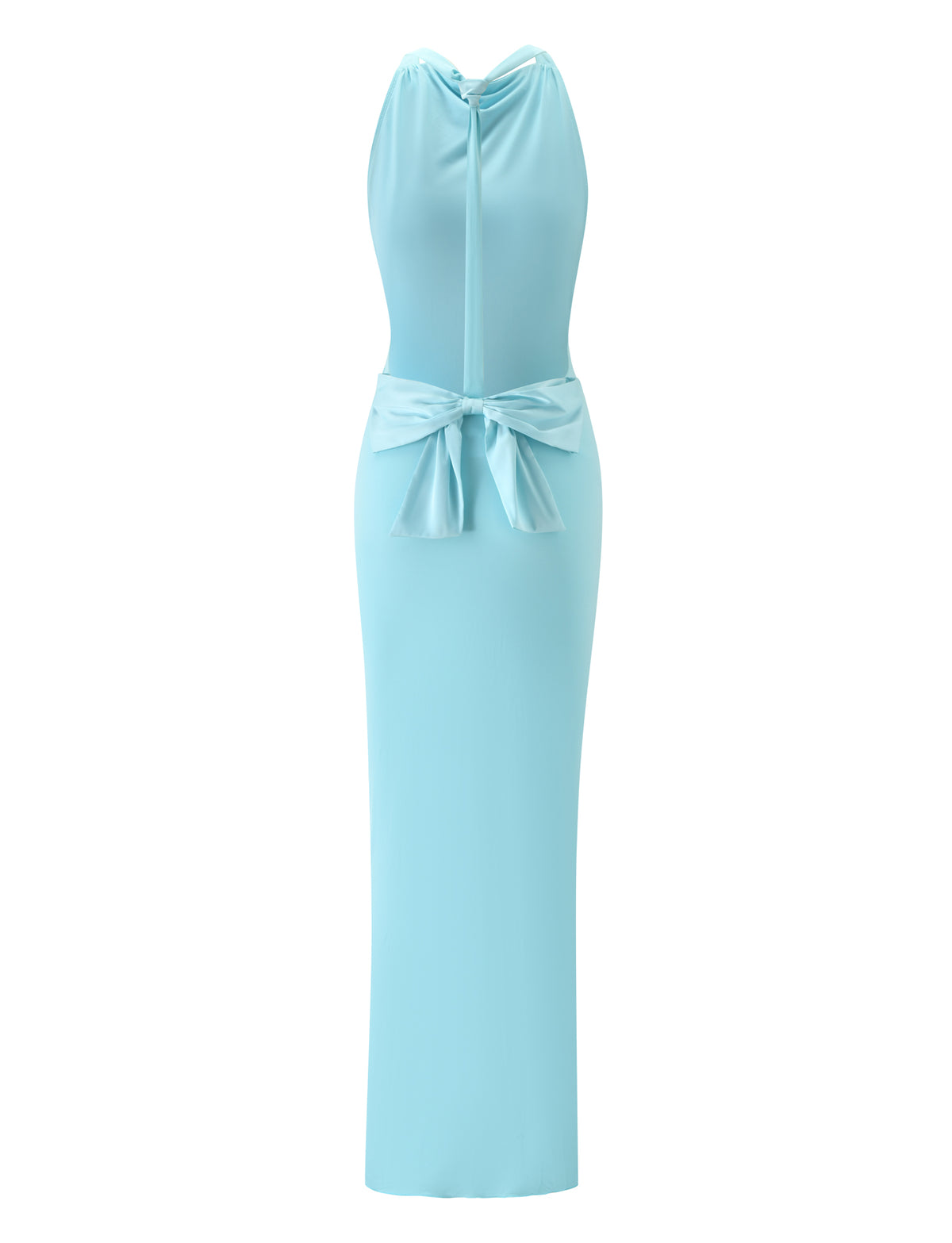 The RONI MAXI DRESS - AQUA by TIGERMIST features a light blue, sleeveless racerback design with a halter neckline, floor-length fit, waist bow, and smooth silhouette—ideal as a destination wedding dress.