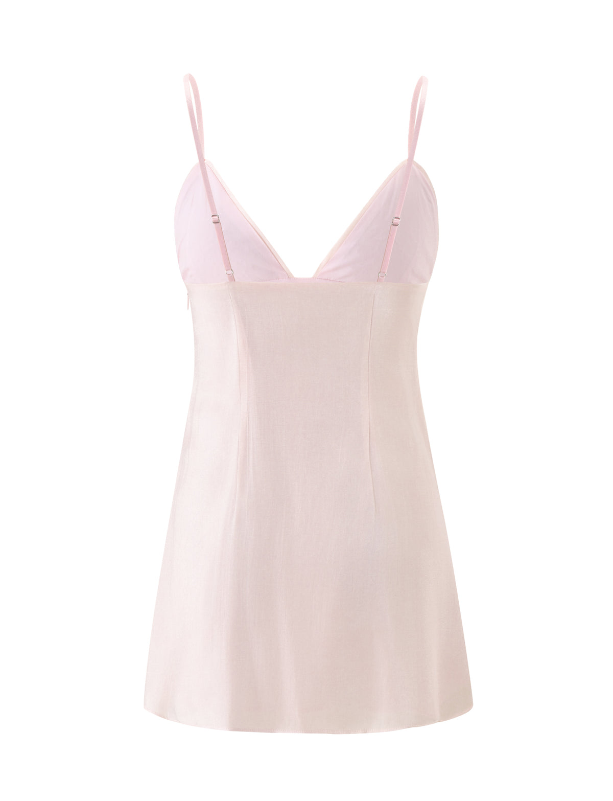 Back view of the pale pink ELIZA MINI DRESS - PINK, a sequin mini dress featuring an A-line flare silhouette, thin adjustable spaghetti straps, and a V-neckline.