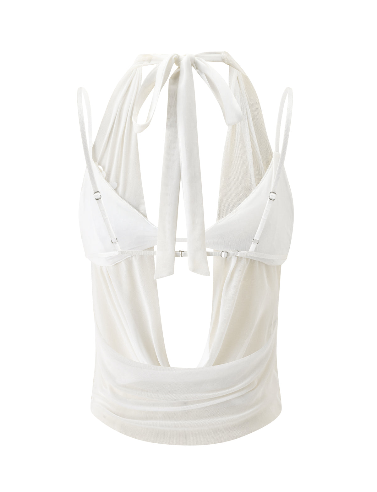 Ivory SOLARE TWO PIECE TOP featuring a cowl neck, plunging open-front design, spaghetti straps, and a mesh two-piece silhouette.