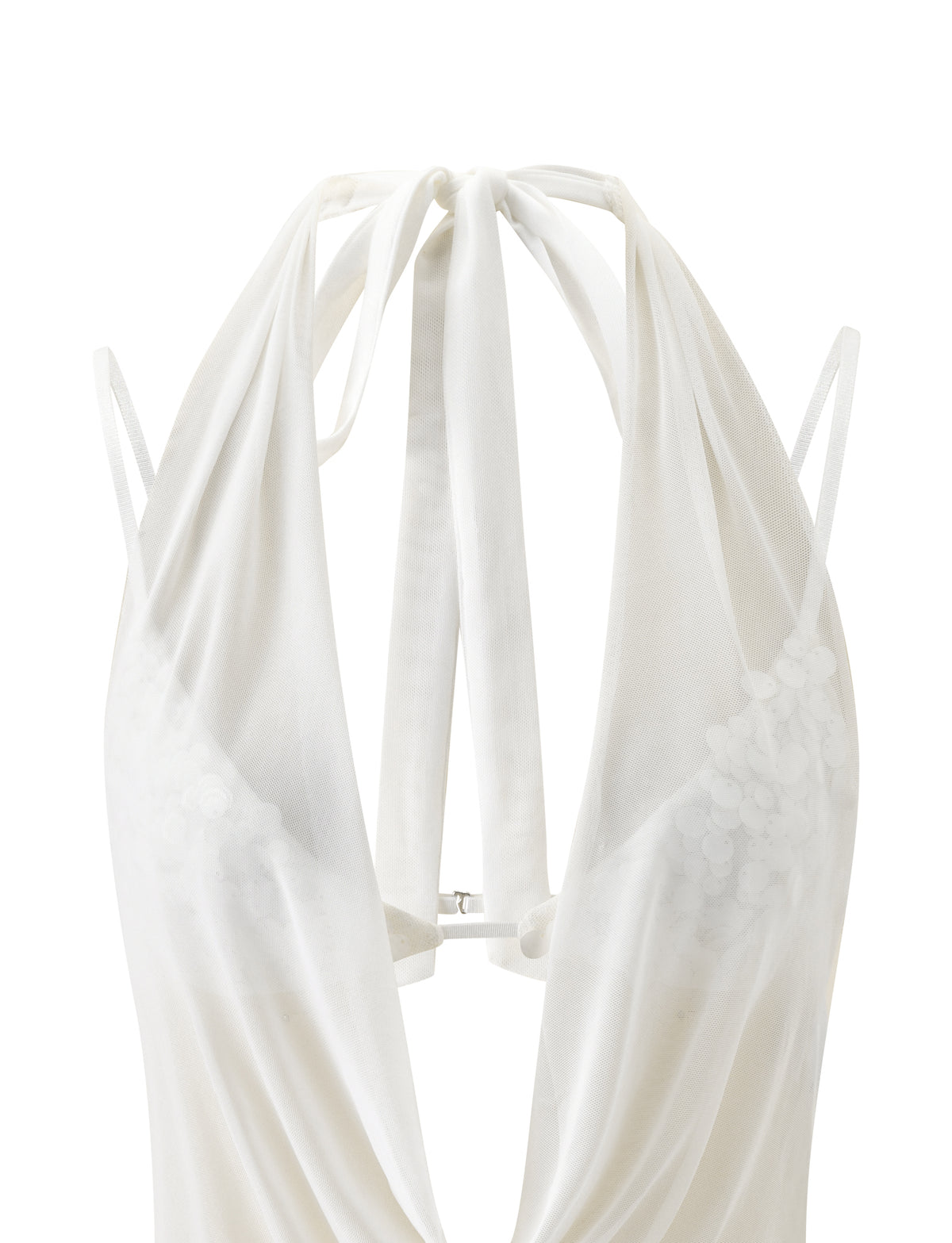 SOLARE TWO PIECE TOP - IVORY featuring an ivory cowl neck halter top with a plunging neckline, sheer mesh fabric, and tie straps.