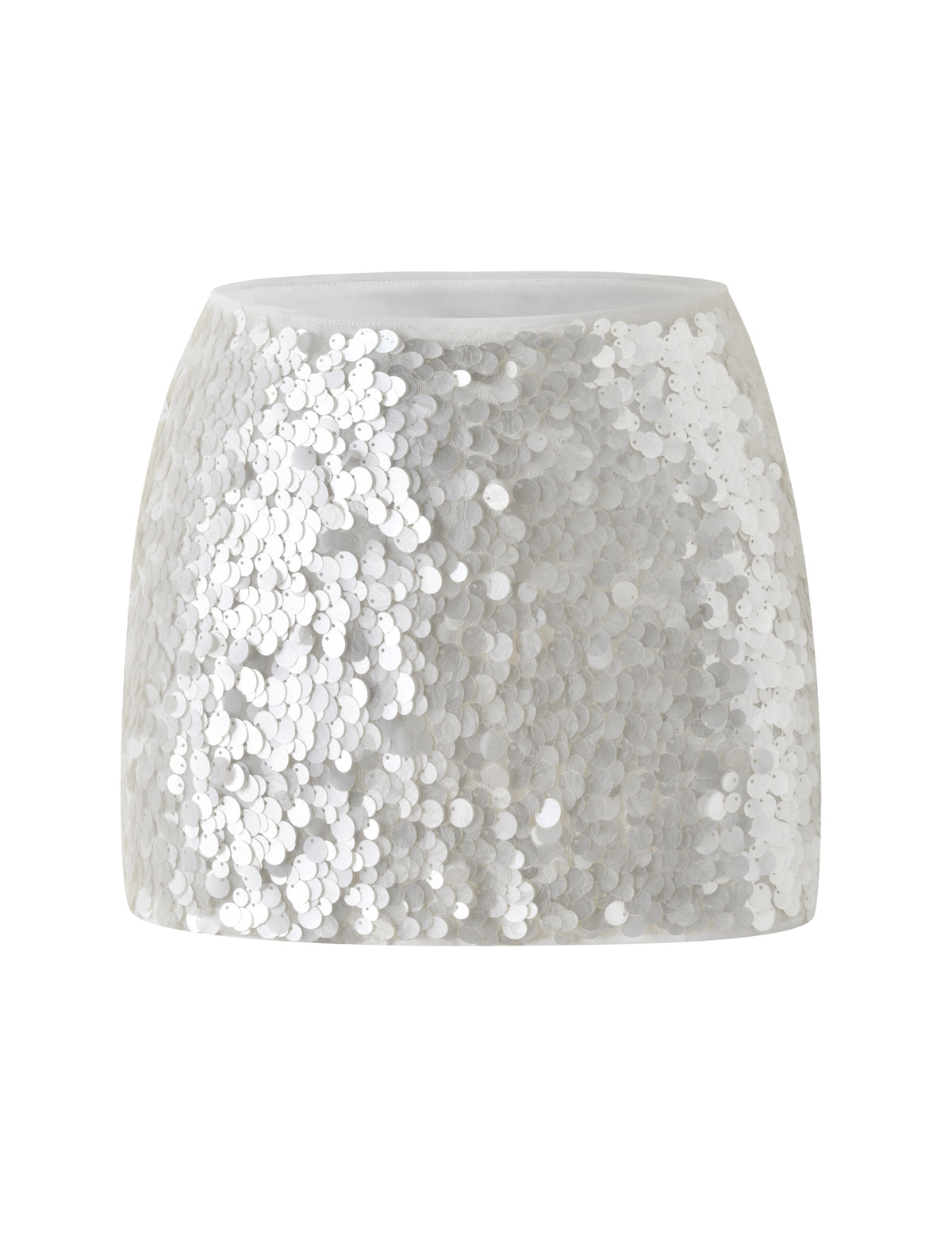 SOLARE MINI SKIRT - IVORY in an ivory white mini skirt silhouette covered in faux shell sequins.