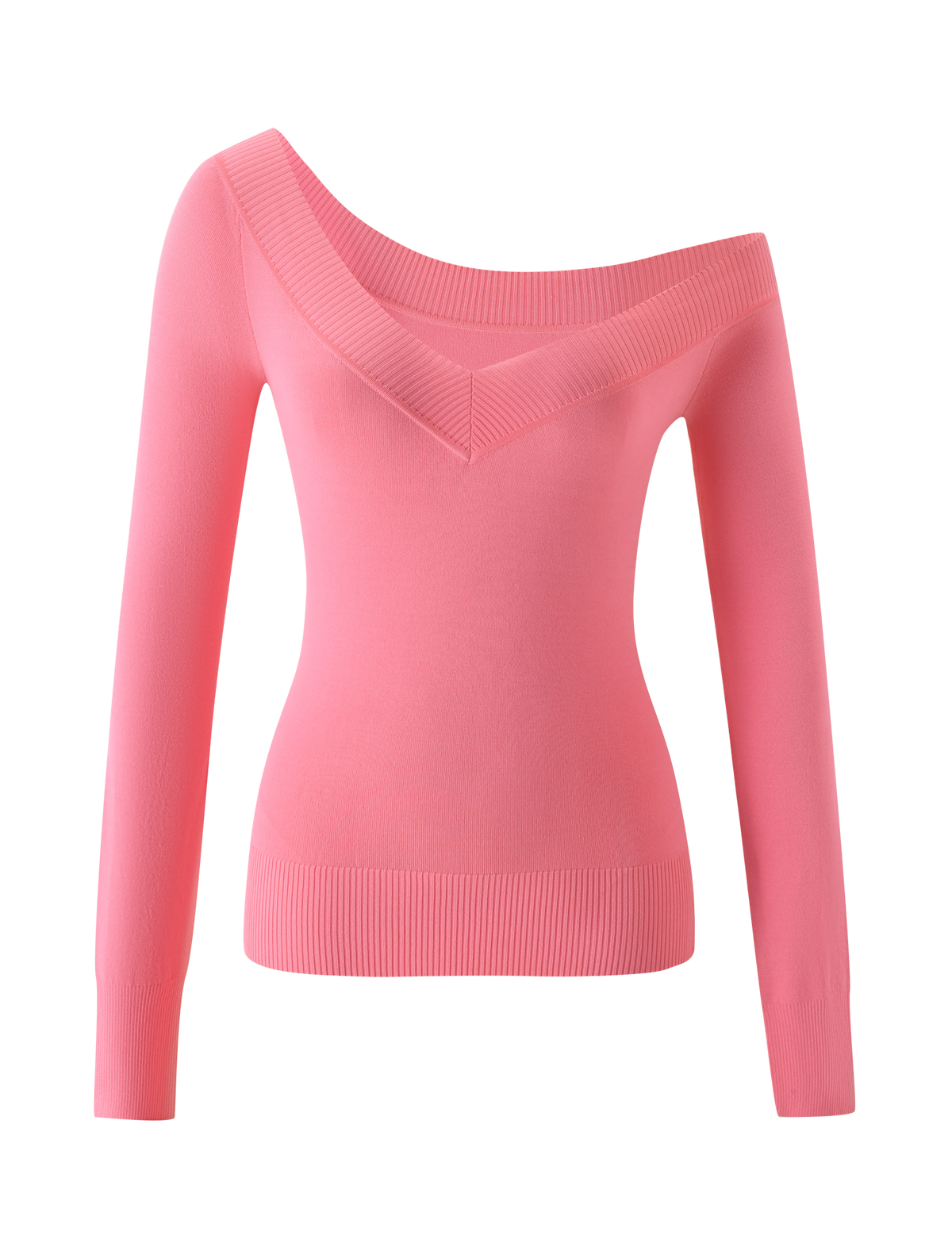 The PARKER KNIT TOP by TIGERMIST is a coral, bodycon-fit, off-the-shoulder sweater featuring a wide V-neckline with ribbed cuffs and hem, shown against a plain white background.