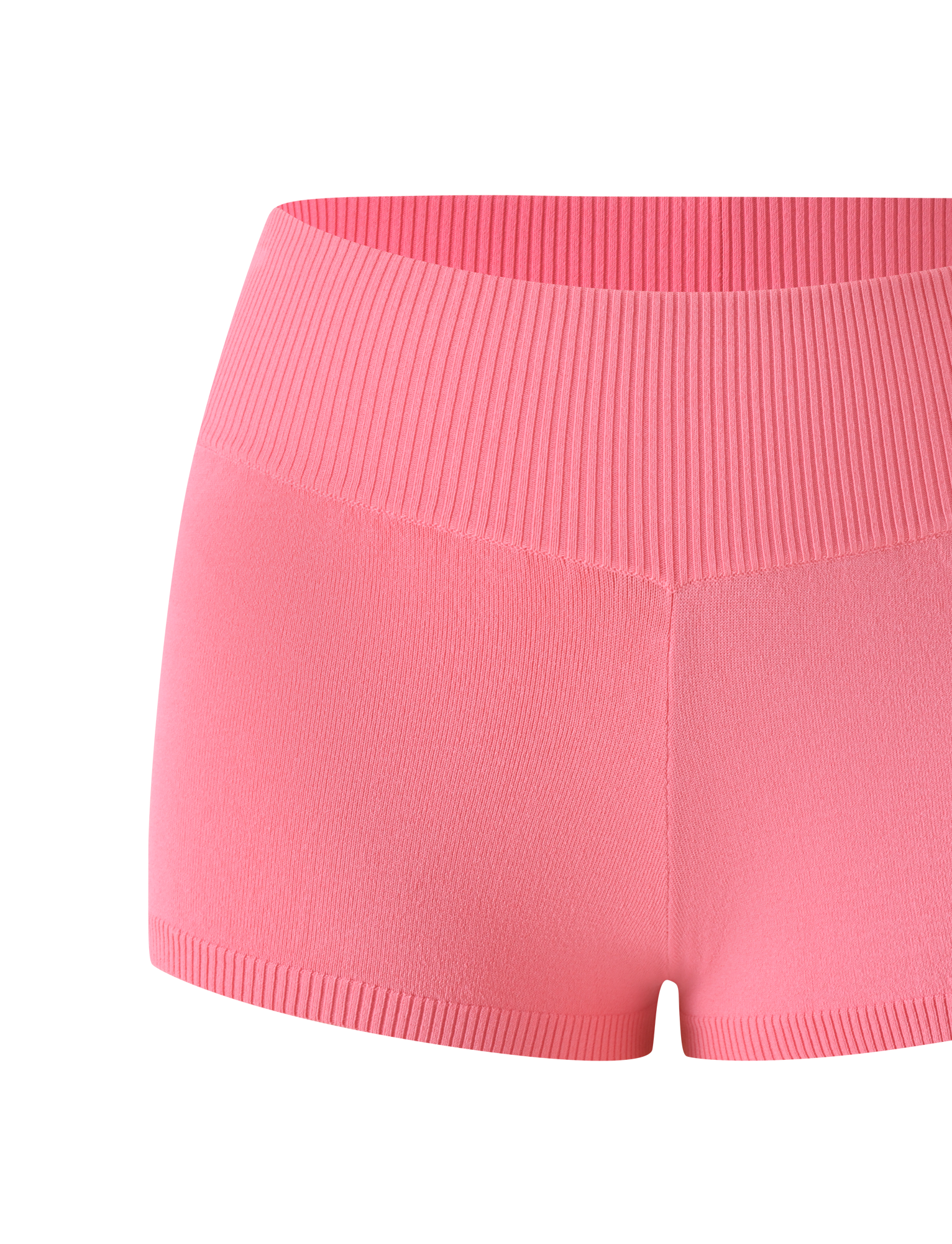 The TIGERMIST PARKER KNIT MICRO SHORT in coral is a bright pink, bodycon-fit short crafted from fine knit fabric. Featuring a wide ribbed waistband and ribbed hem, these fitted and stretchy shorts are perfect for athletic or casual wear. Shown against a plain white background.