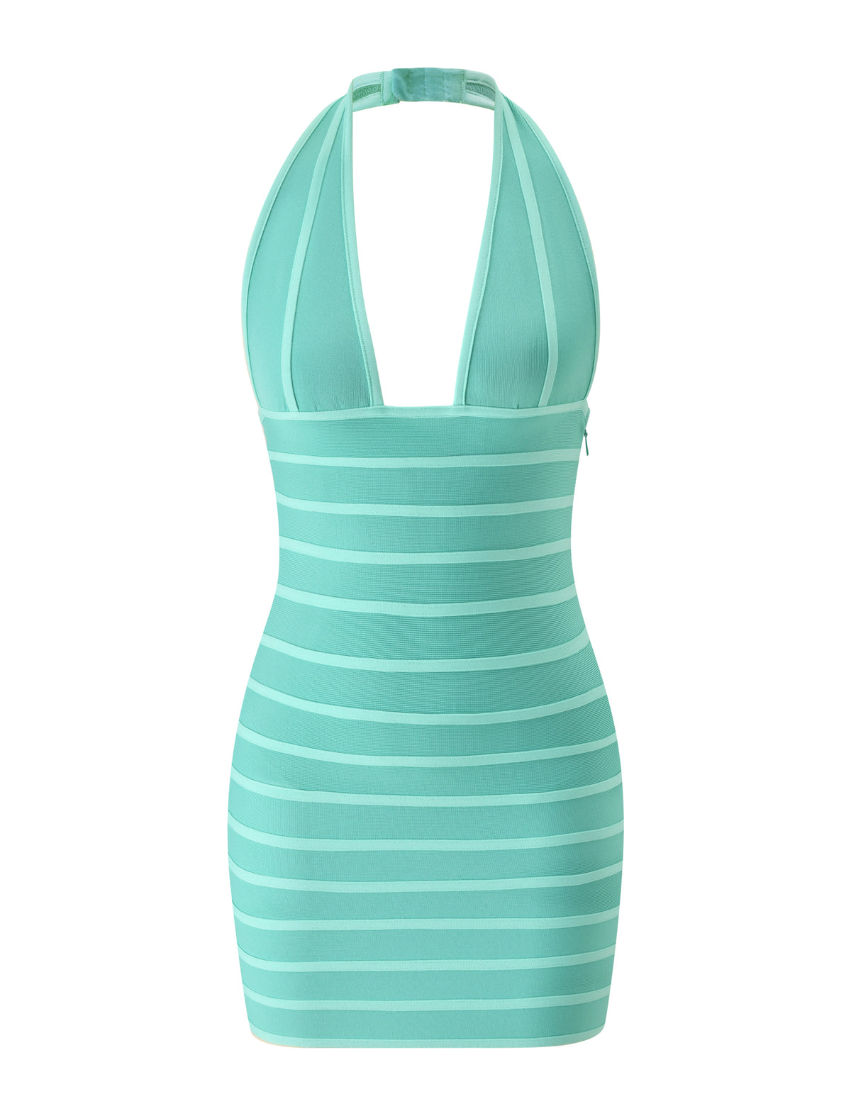 The BRIGIT BANDAGE MINI DRESS by TIGERMIST is a sleeveless, teal halter neck mini dress featuring white horizontal stripes and a deep V-neckline, perfect as a chic beach club outfit, displayed on a plain white background.