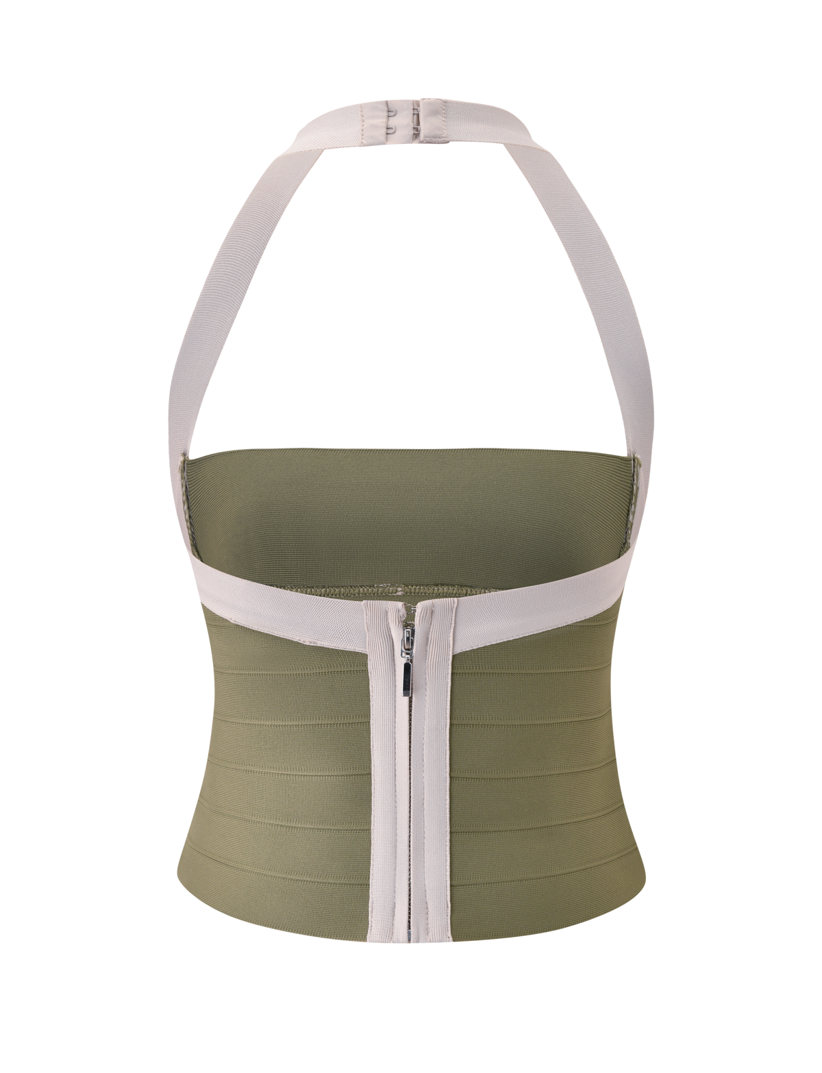 Back view of the TIGERMIST ELEANOR BANDAGE TOP in olive and ivory, showcasing wide beige halter straps and a central vertical zipper. This top features horizontal stitched lines for added texture and offers a flattering bodycon fit.