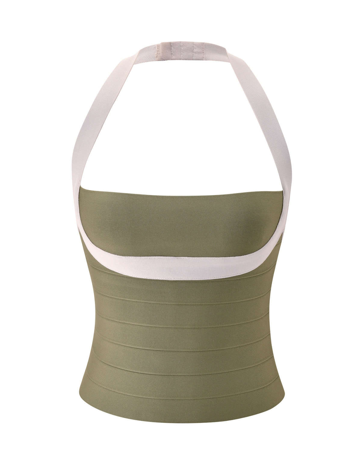 Introducing the ELEANOR BANDAGE TOP - OLIVE AND IVORY by TIGERMIST: a strapless, olive green bandeau top featuring wide, light beige halter straps and distinctive horizontal ribbing in a bodycon silhouette—displayed on a plain white background. Perfect for those searching for an elevated, bandage-inspired olive and ivory halter neck style.
