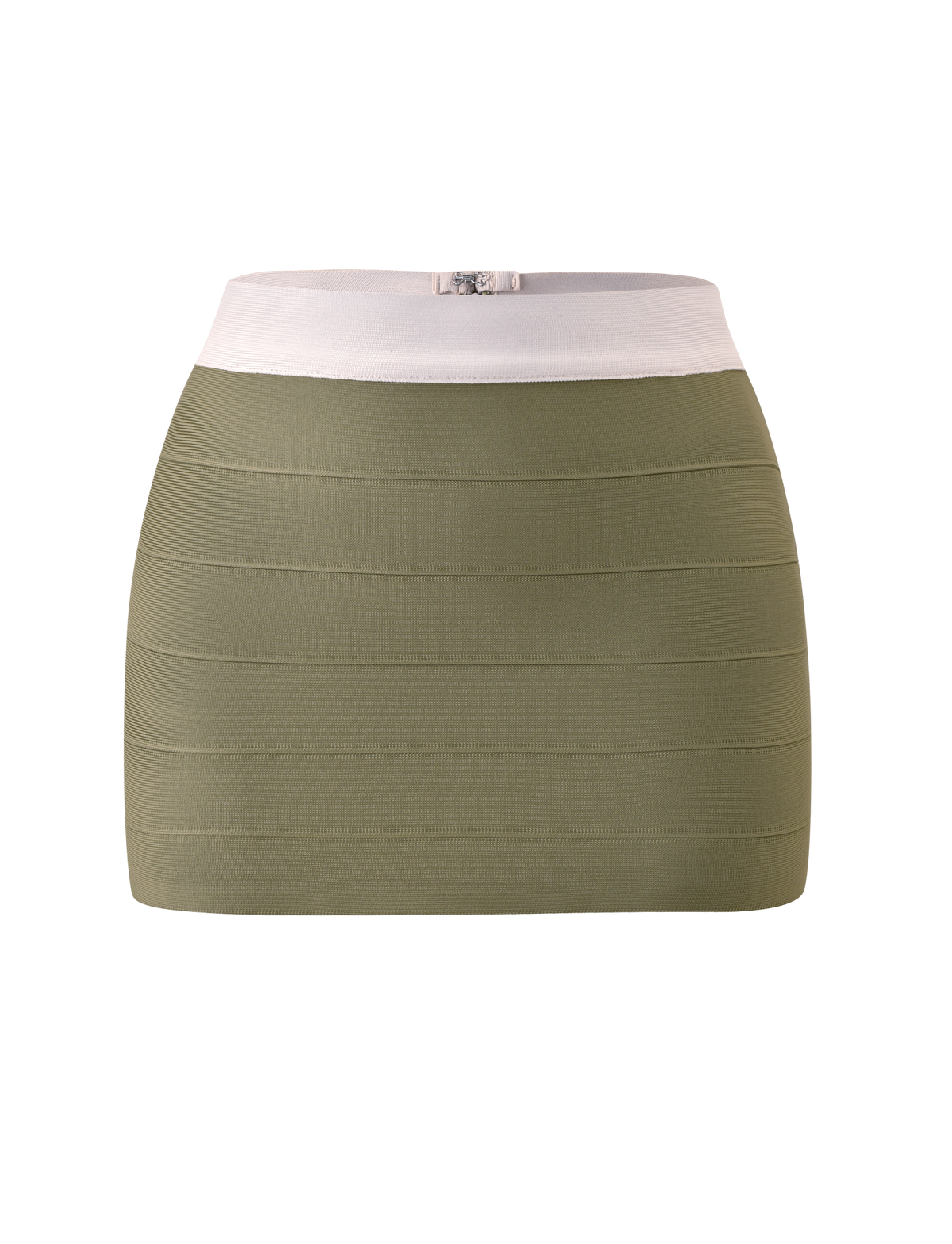 The TIGERMIST ELEANOR BANDAGE MINI SKIRT in olive and ivory is a short, bodycon mini skirt with horizontal ribbing and a wide, light beige waistband, showcased against a plain white background.