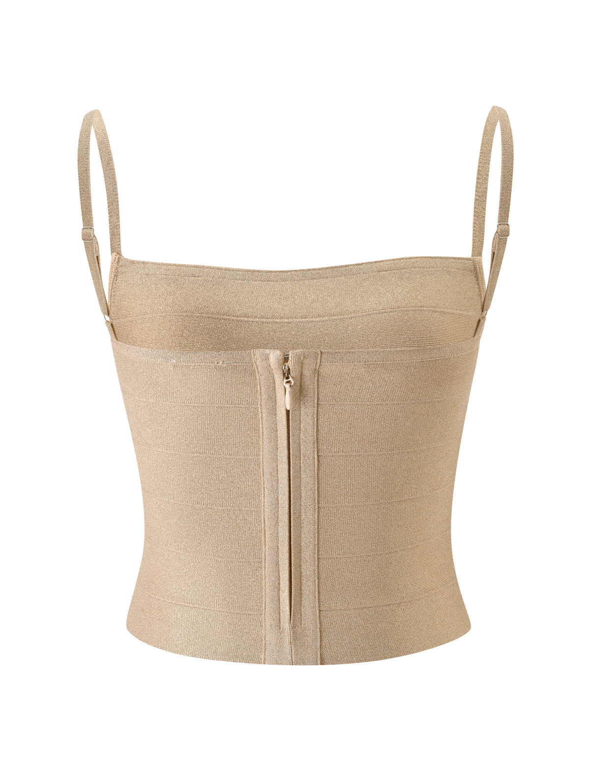 Gold, glittery MIDORI BANDAGE TOP - GOLD SPARKLE camisole with thin spaghetti straps, a central front zipper, and a fitted bodycon silhouette.