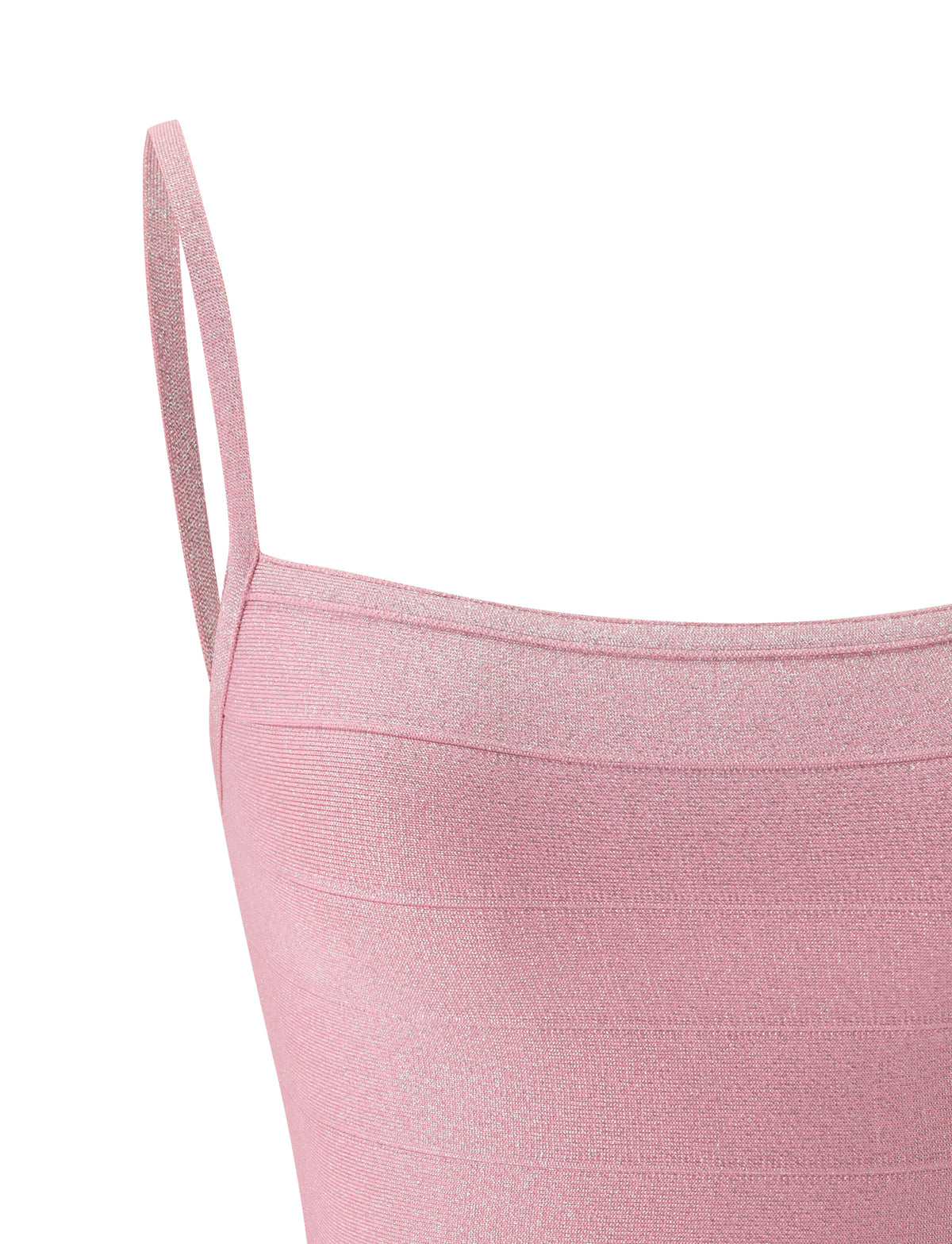 Close-up of a shimmery pink MIDORI BANDAGE TOP - PEACH SPARKLE, a bandage-style camisole with a bodycon fit.