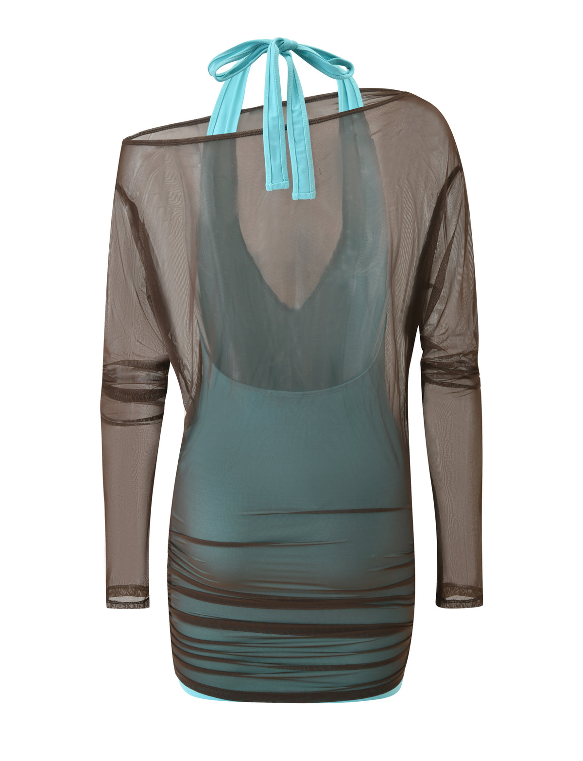 ELSEY TWO PIECE MINI DRESS - CHOCOLATE AND AQUA featuring an aqua bodycon mini dress with a sheer chocolate brown long-sleeve mesh overlay and a halter neckline.