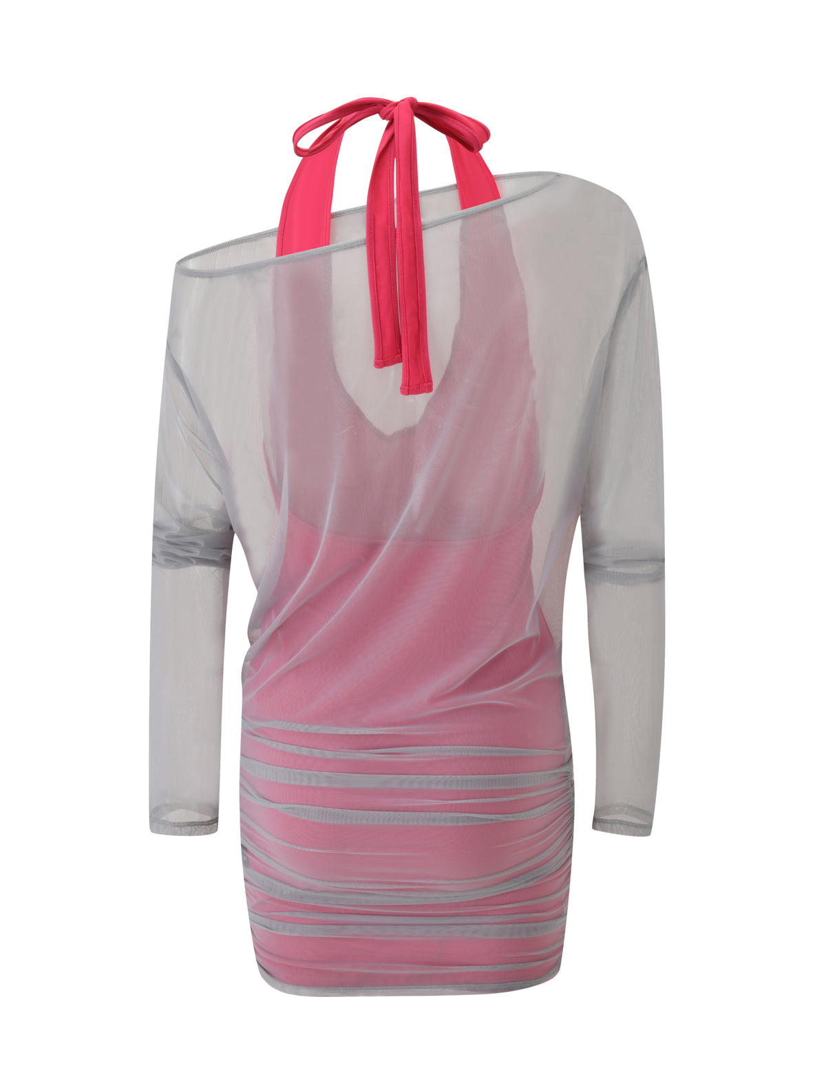 A pink, bodycon-fit mini dress with a halter neck worn under a sheer, grey, long-sleeved off-the-shoulder mesh overlay, styled as the ELSEY TWO PIECE MINI DRESS - GREY AND PINK by TIGERMIST.