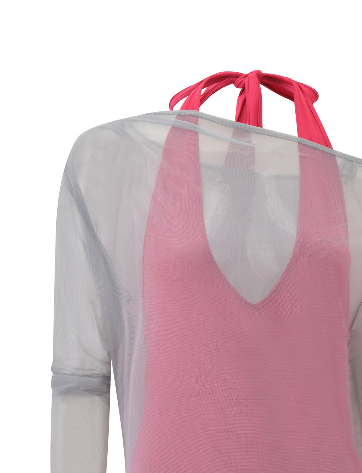 The ELSEY TWO PIECE MINI DRESS - GREY AND PINK features a pink sleeveless top layered under a grey mesh long-sleeved halter neck top in a bodycon fit.