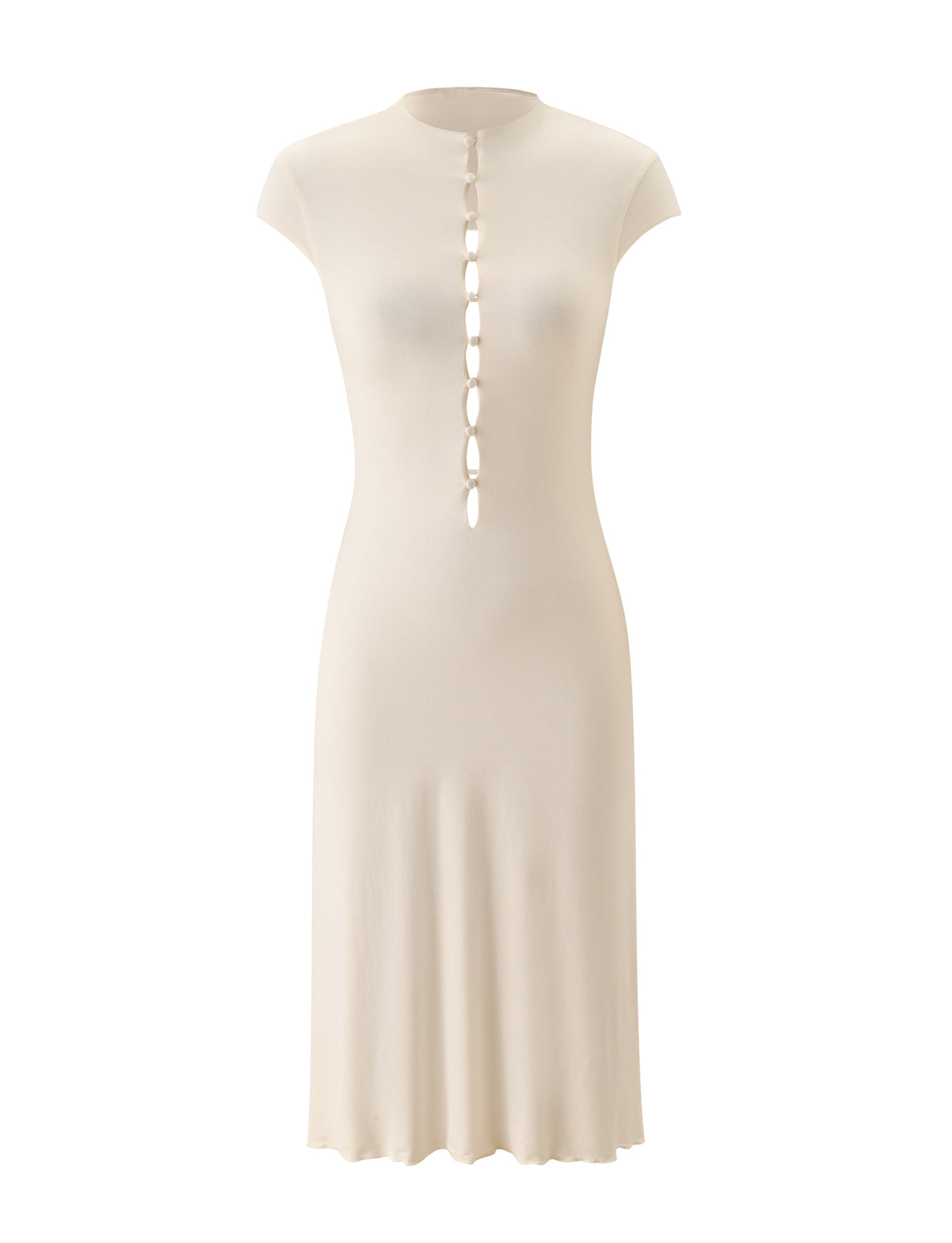 MARCI MIDI DRESS - CREAM, a cream-colored A-line midi dress with a high neckline, cap sleeves, an open back cutout, and a vertical row of button-loop closures down the center.
