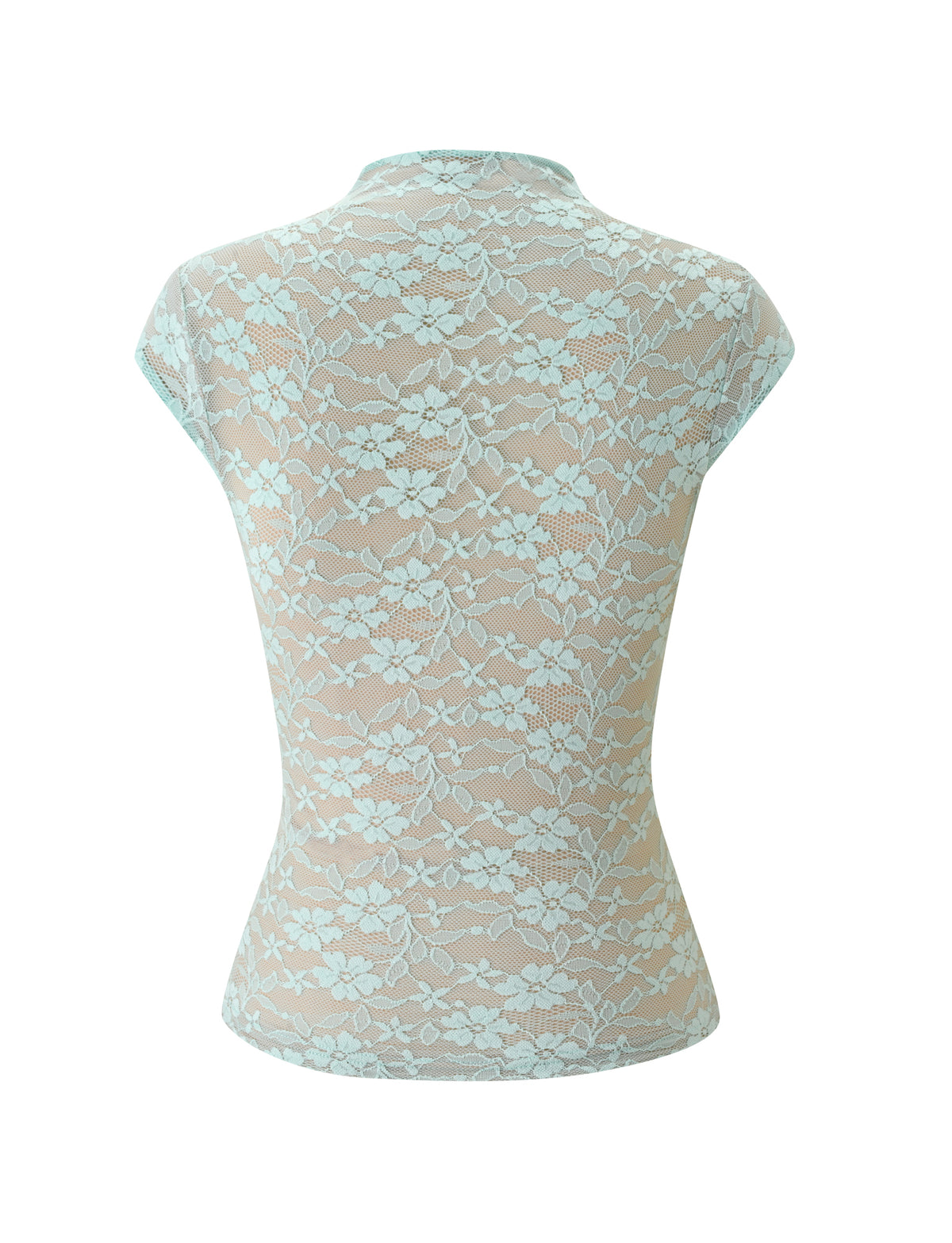Back view of a mint green KINLEY TOP - MINT featuring a high neck, short sleeves, and an all-over floral lace pattern.