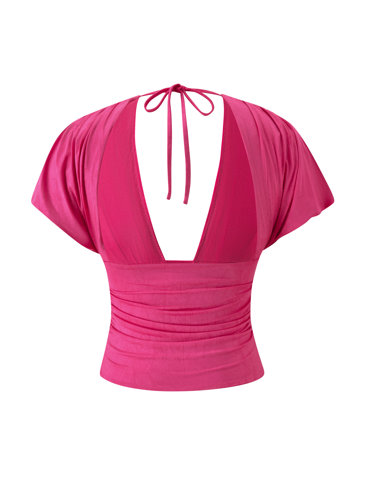 LORELAI TOP - FUCHSIA jersey top with a plunging V-neckline, short sleeves, and a tie at the back of the neck.