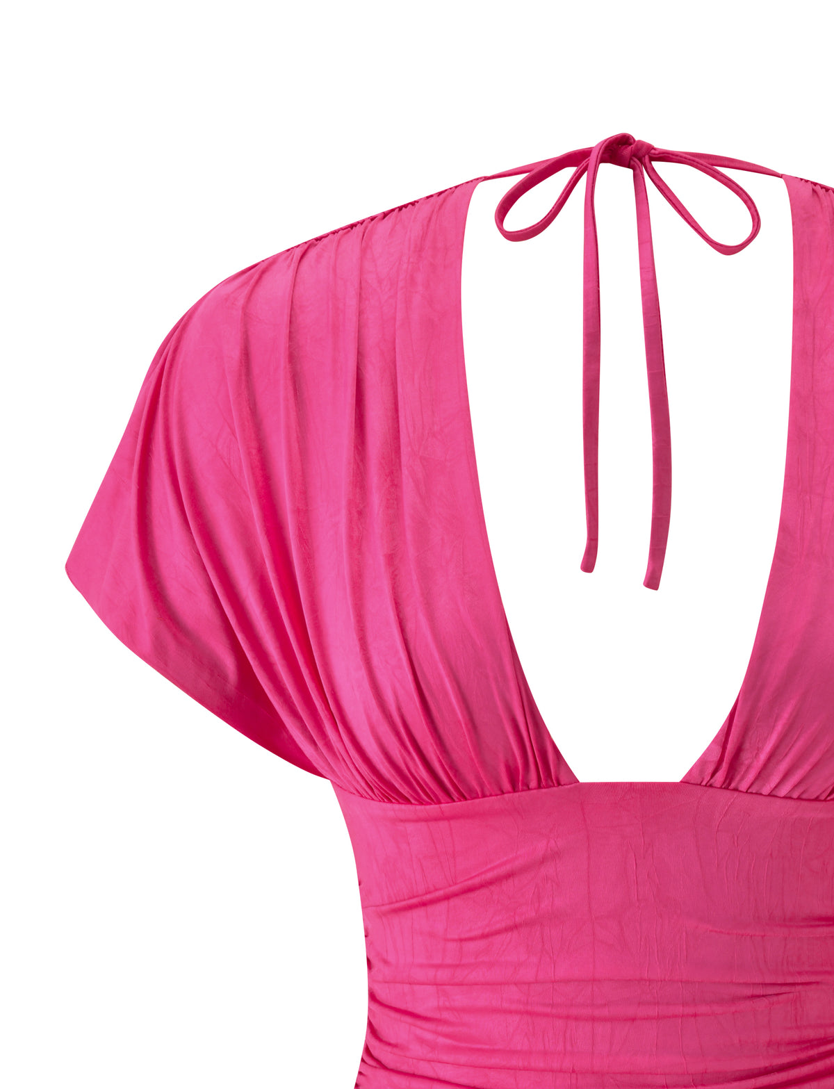 Fuchsia LORELAI TOP - FUCHSIA jersey top featuring a plunging V-neckline, gathered shoulders, and a tie closure at the neck.