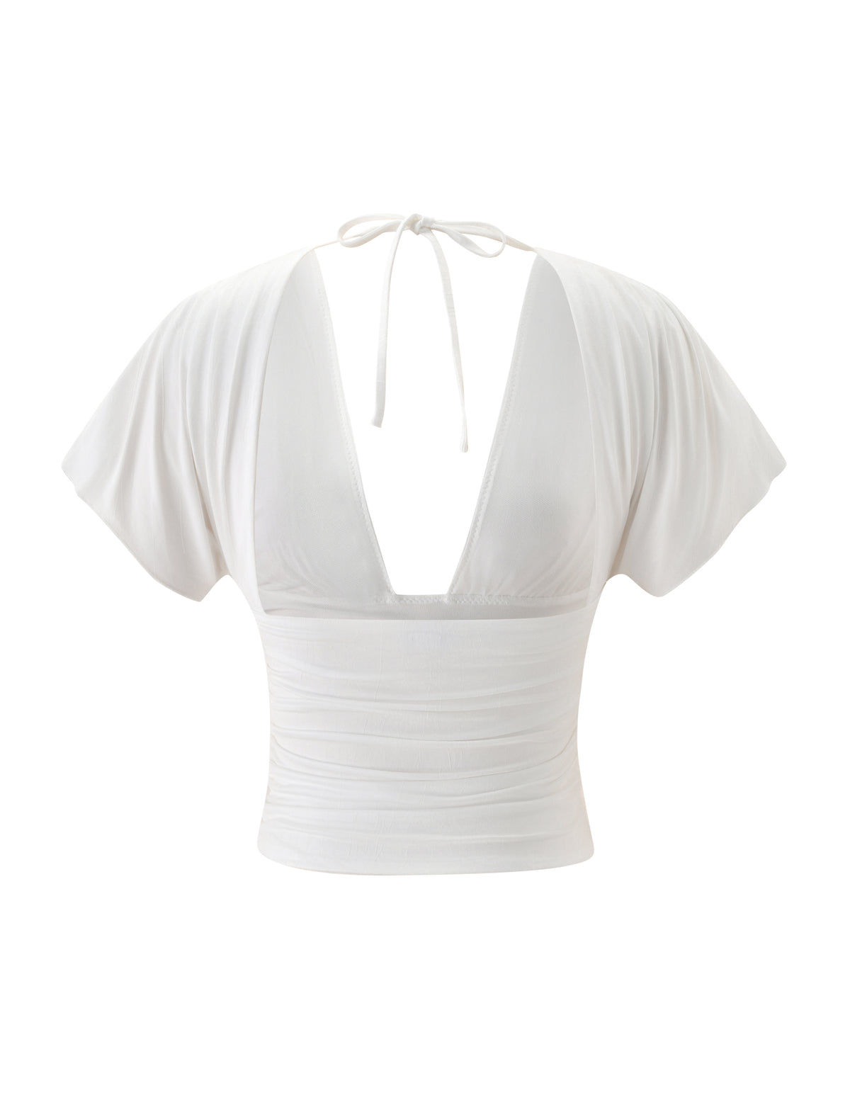 LORELAI TOP - IVORY short-sleeve jersey top featuring a plunging V-neckline and a tie closure at the back of the neck.
