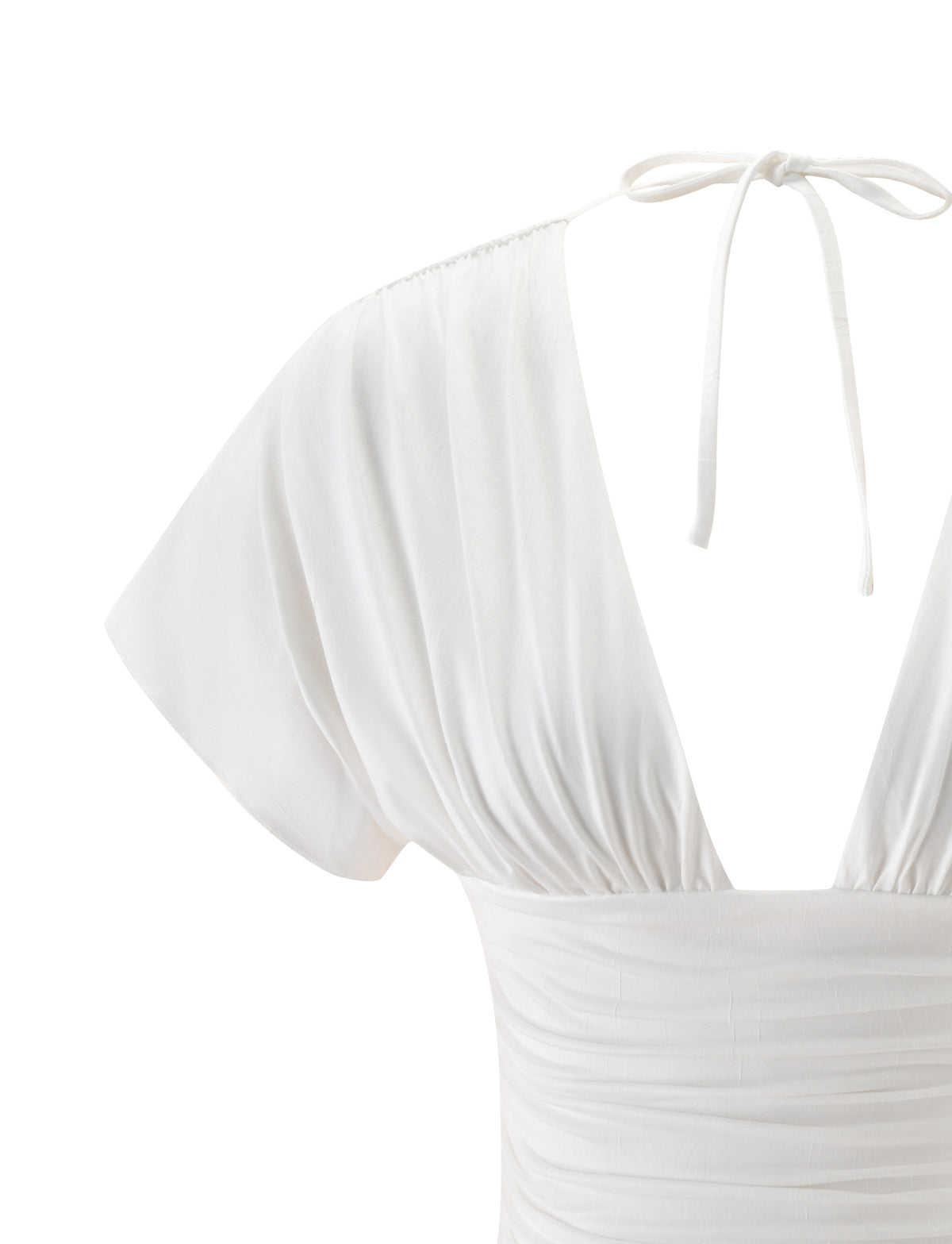 LORELAI TOP - IVORY jersey top in ivory white with a plunging V-neckline, short sleeves, and a tie at the back of the neck.