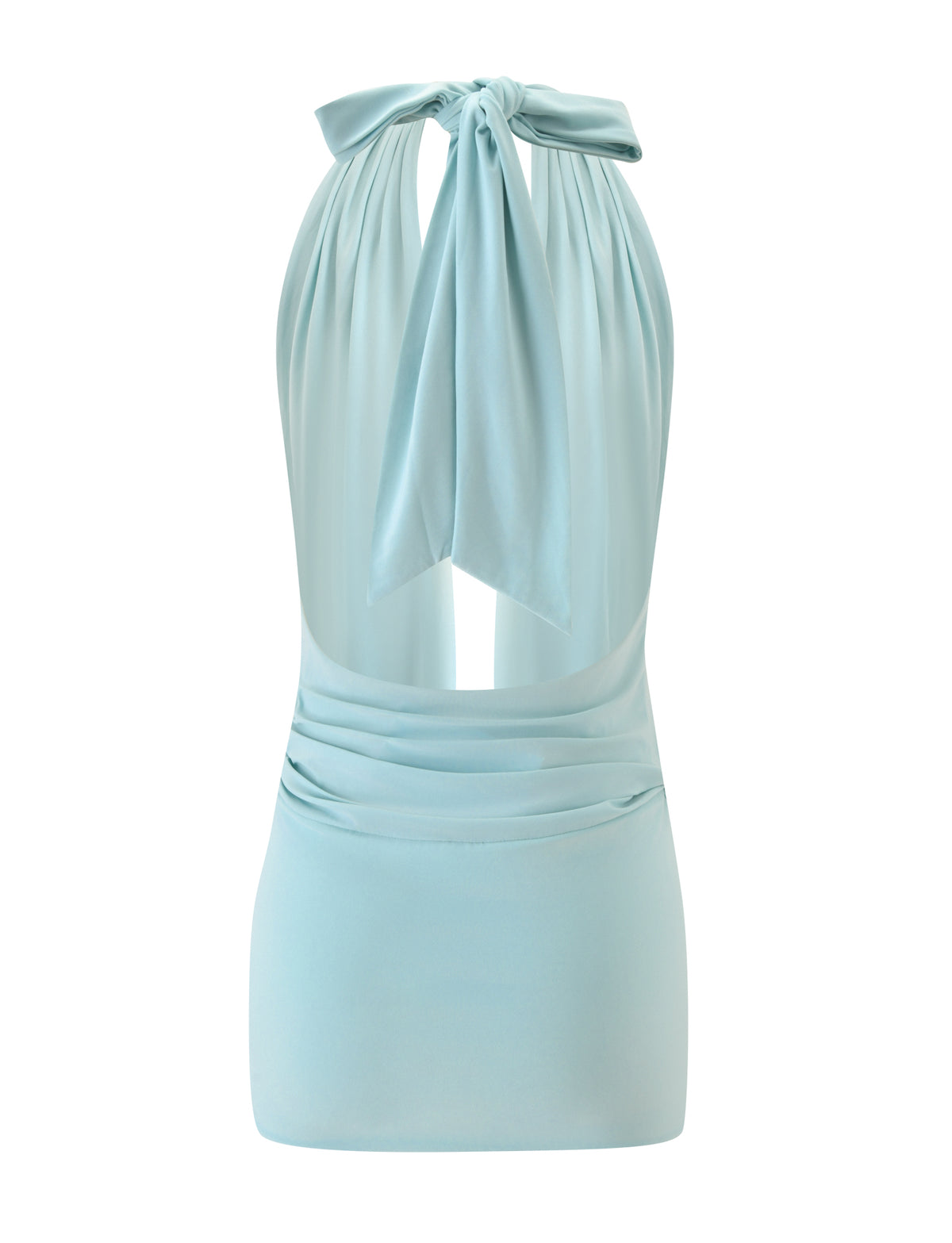 ARETHA MINI DRESS - EGGSHELL BLUE light blue halter mini dress with a tie-back closure, open back, and fitted bodycon skirt.