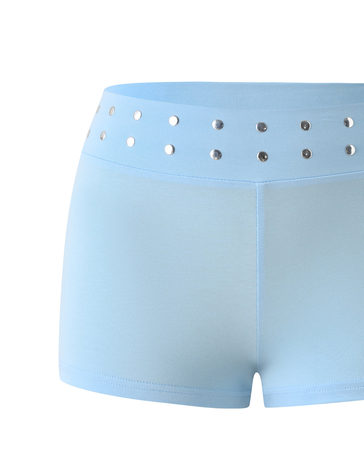 NIKOLETTE MICRO SHORT - BABY BLUE micro shorts with a high waistband embellished with silver circular studs, styled as a studded mini skirt.