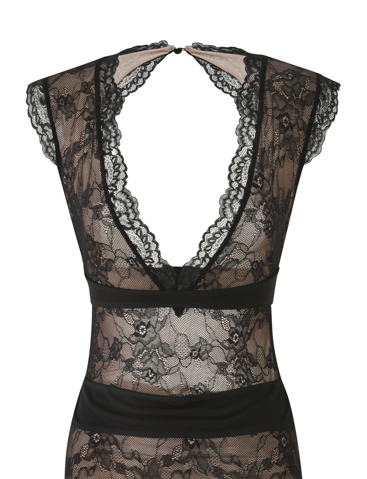 Tiger Mist Aylin Mini Dress in black lace, ghost mannequin detail view