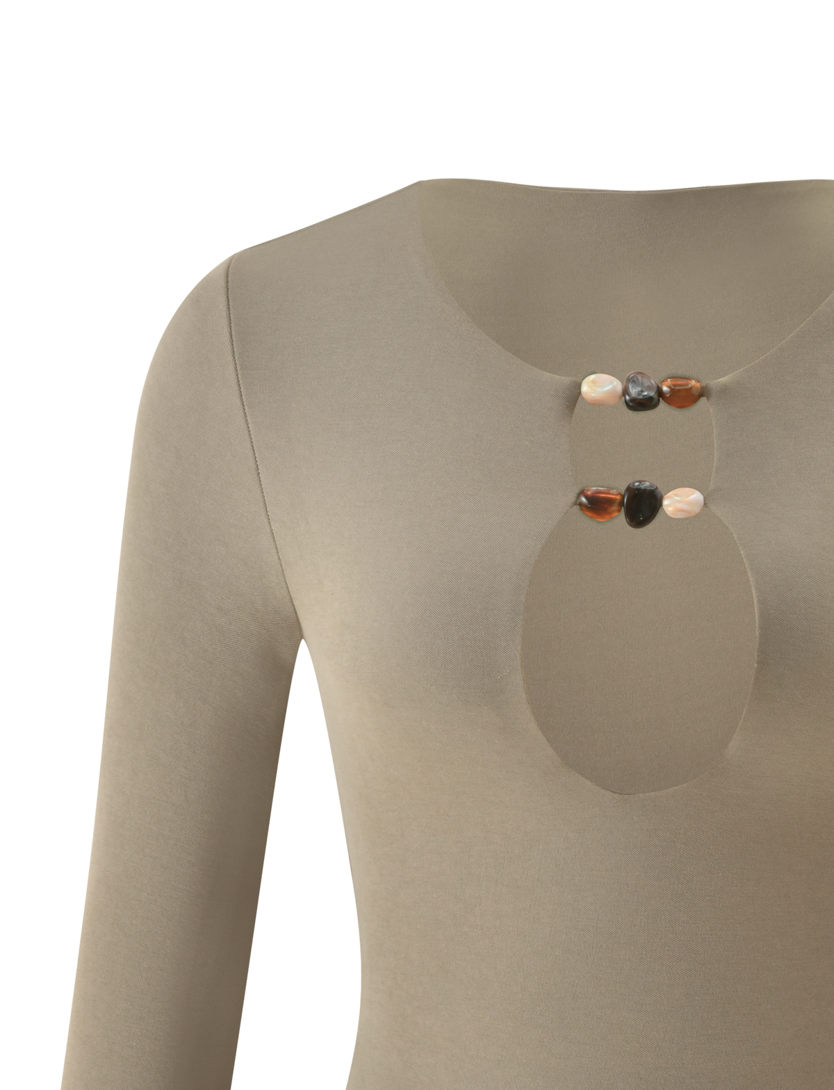 TigerMist KHORA TOP - OLIVE in cupro fabric with a circular keyhole cutout at the chest, accented by two pairs of decorative stone beads.