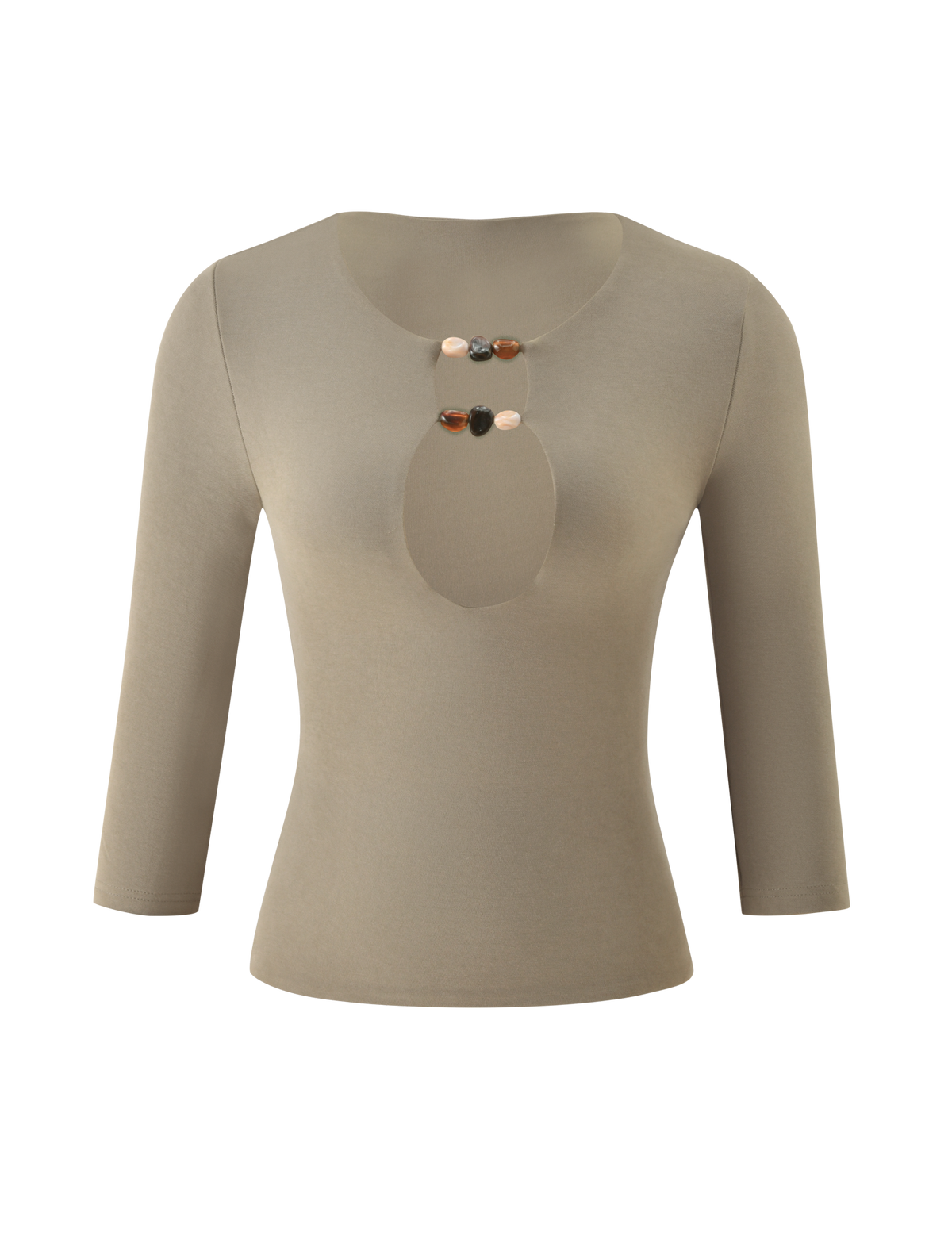 Olive green KHORA TOP - OLIVE in cupro with three-quarter sleeves and a beaded keyhole cutout at the neckline.