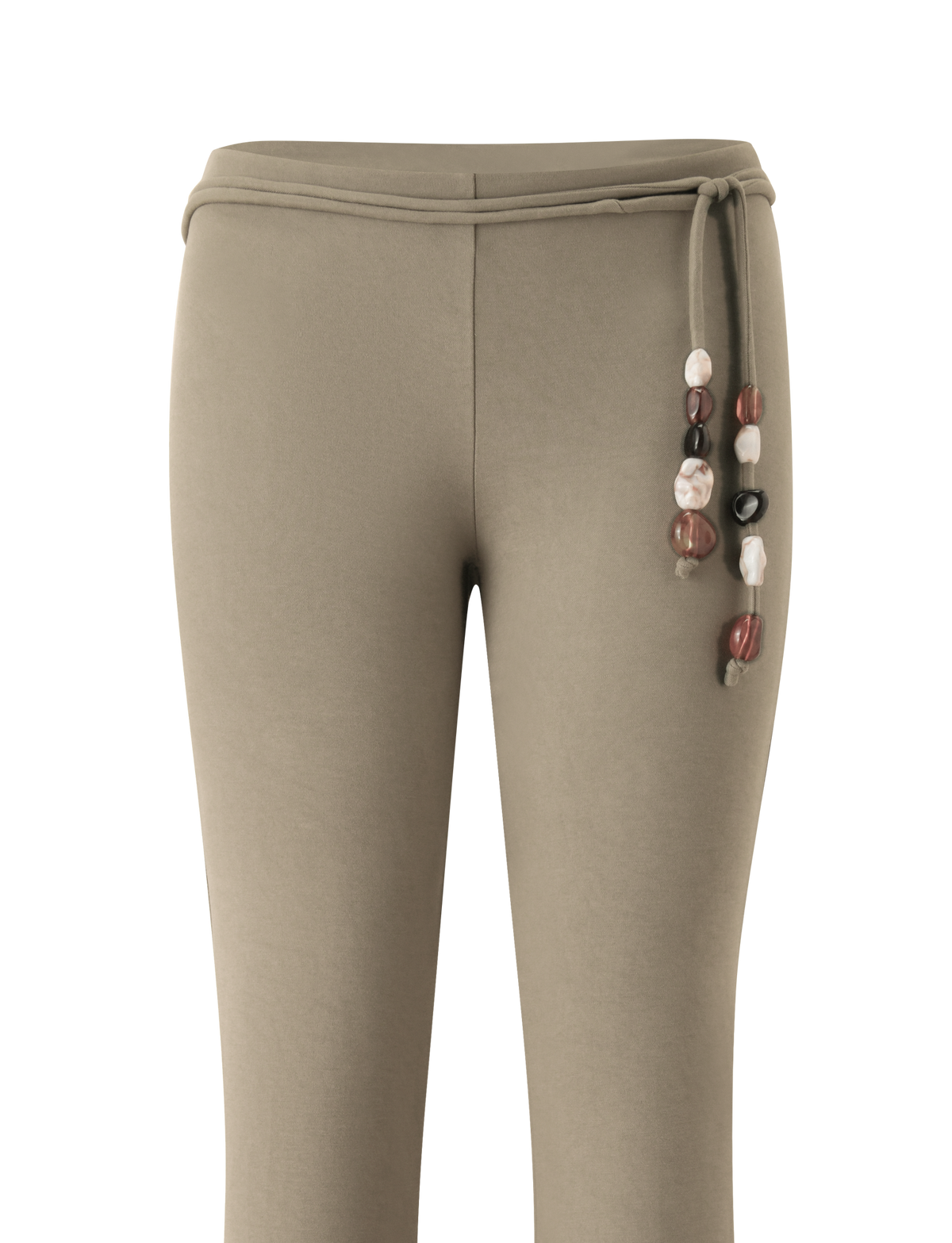 Olive-colored KHORA PANT - OLIVE high-waisted flared pants featuring a tie waist with dangling decorative beads.