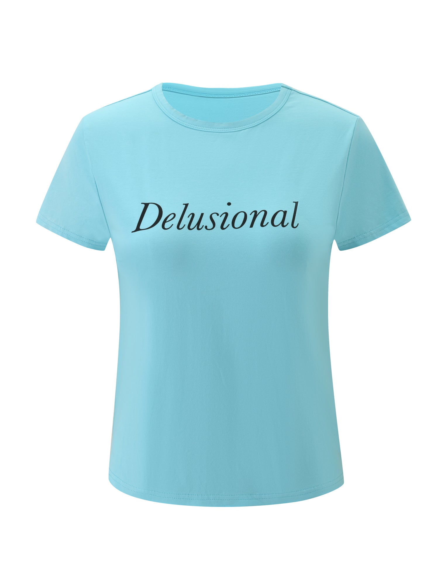 Add a playful touch to your everyday look with the DANIELLE TEE - TURQUOISE by TIGERMIST, a vintage-inspired, light blue short-sleeve t-shirt featuring “Delusional” printed in bold black cursive across the chest.
