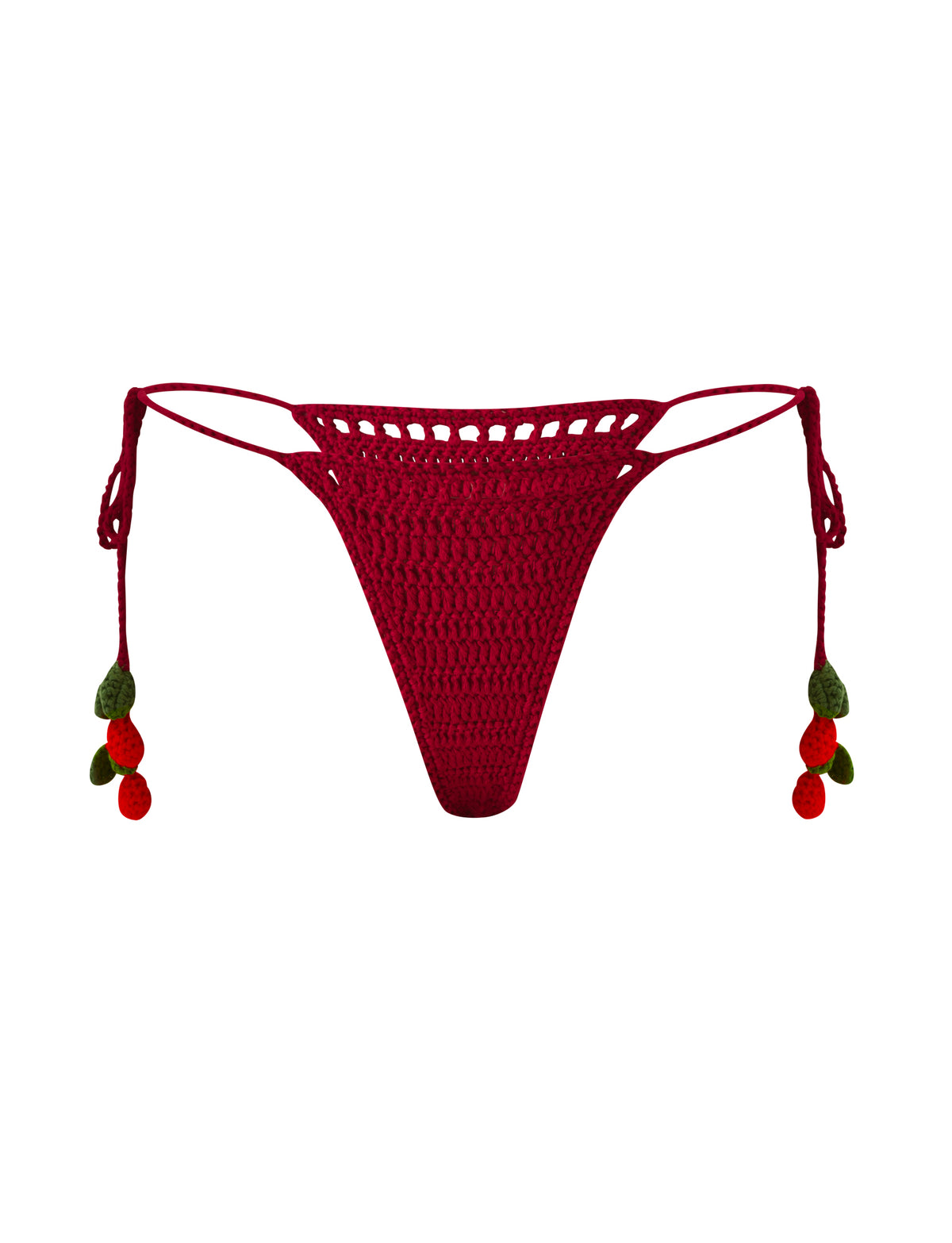 Dark red CHERRY CROCHET BIKINI BOTTOM - CHERRY featuring adjustable side ties with small cherry-shaped charms.