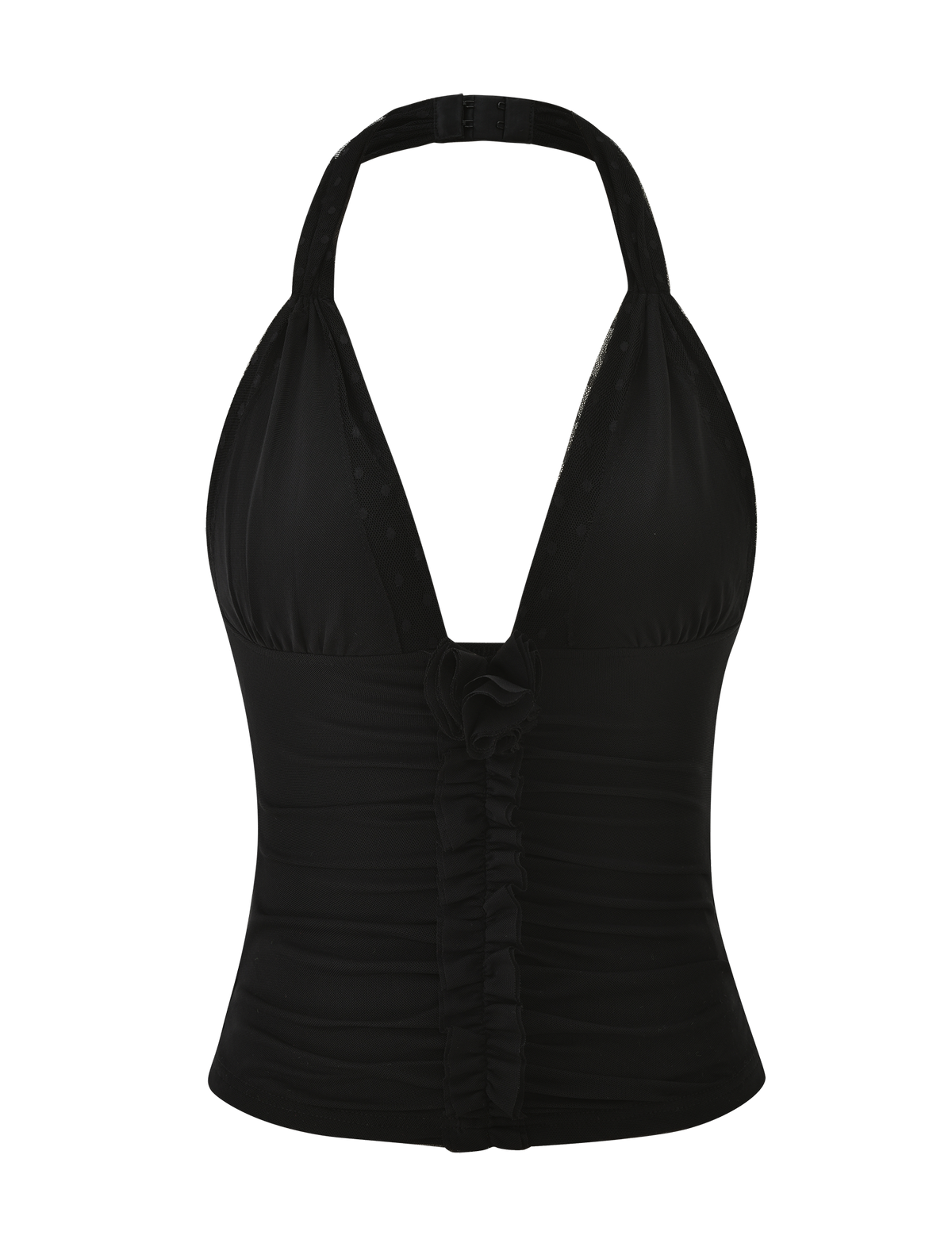 NINAH TOP - BLACK mesh halter top with a plunging V-neckline and a vertical ruffled detail down the center.