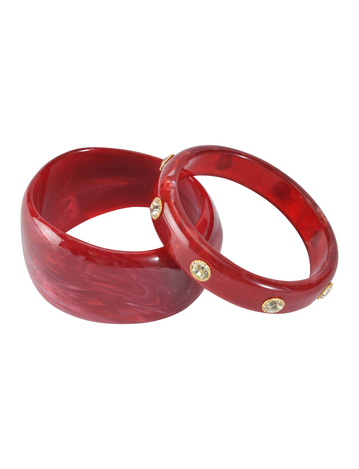 The COLE BANGLE SET - DEEP RED by TIGERMIST features two glossy red bangles—one thick with a marbled look, and one slim with embedded gold and clear rhinestones, designed to overlap for a chic acrylic statement.