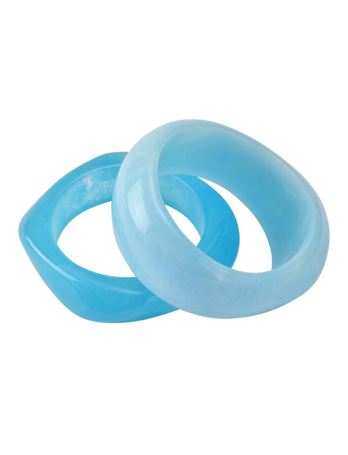 The MIKAH BANGLE SET - AQUA by TIGERMIST features two overlapping blue acrylic bangles—one with an organic shape, the other angular—styled against a white background.
