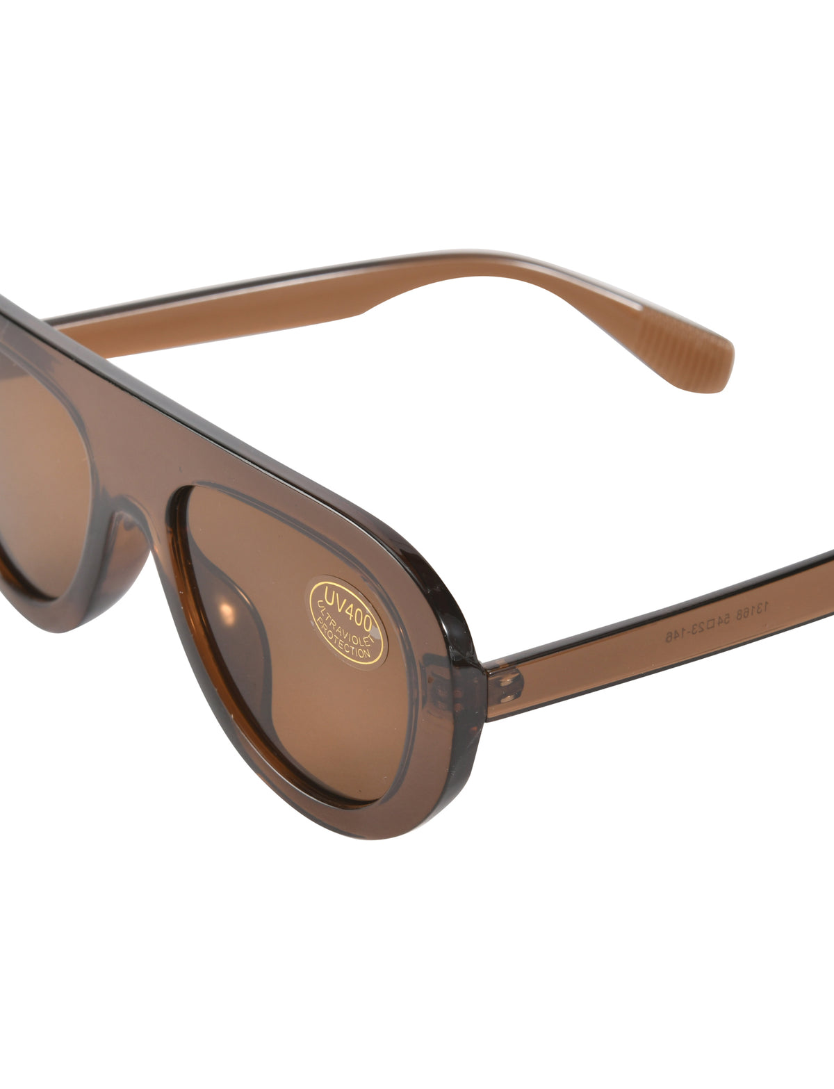 SHEILA SUNGLASSES - BROWN aviator sunglasses featuring a translucent brown frame, a flat top bar, and a UV400 protection sticker on the lens.