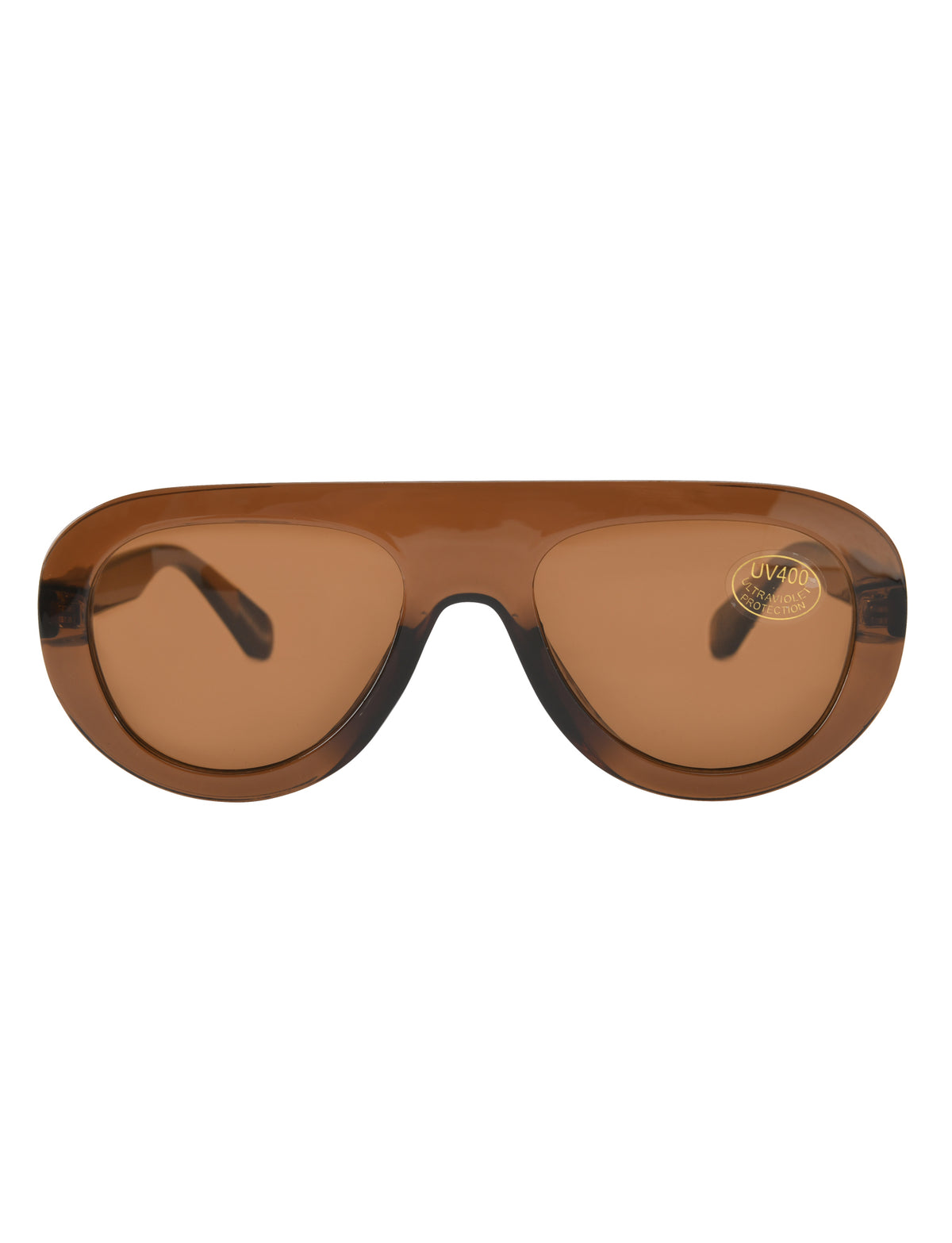 Brown SHEILA SUNGLASSES - BROWN oversized aviator sunglasses featuring a flat top brow bar and a UV400 protection sticker on the lens.