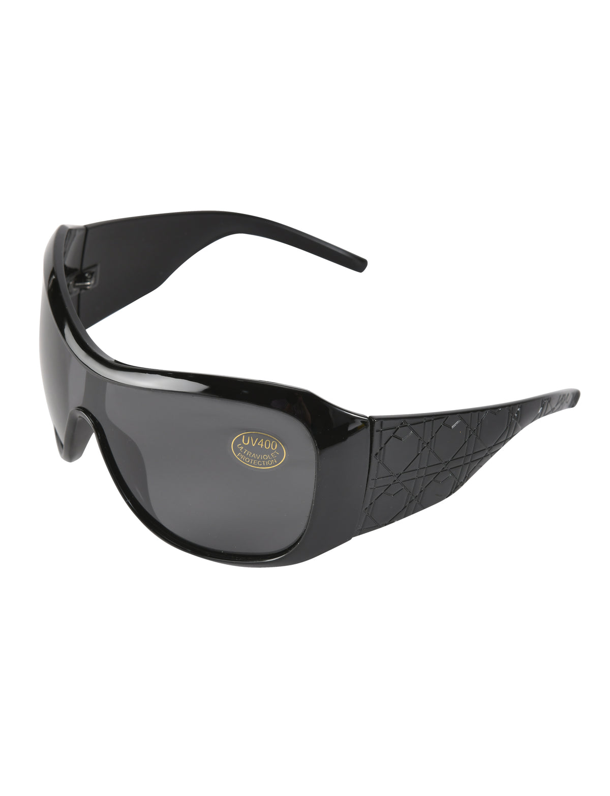 PAULIE FASHION SUNGLASSES - BLACK featuring black extra-wide shield frames, a quilted pattern on the temples, and a UV400 protection sticker on the lens.