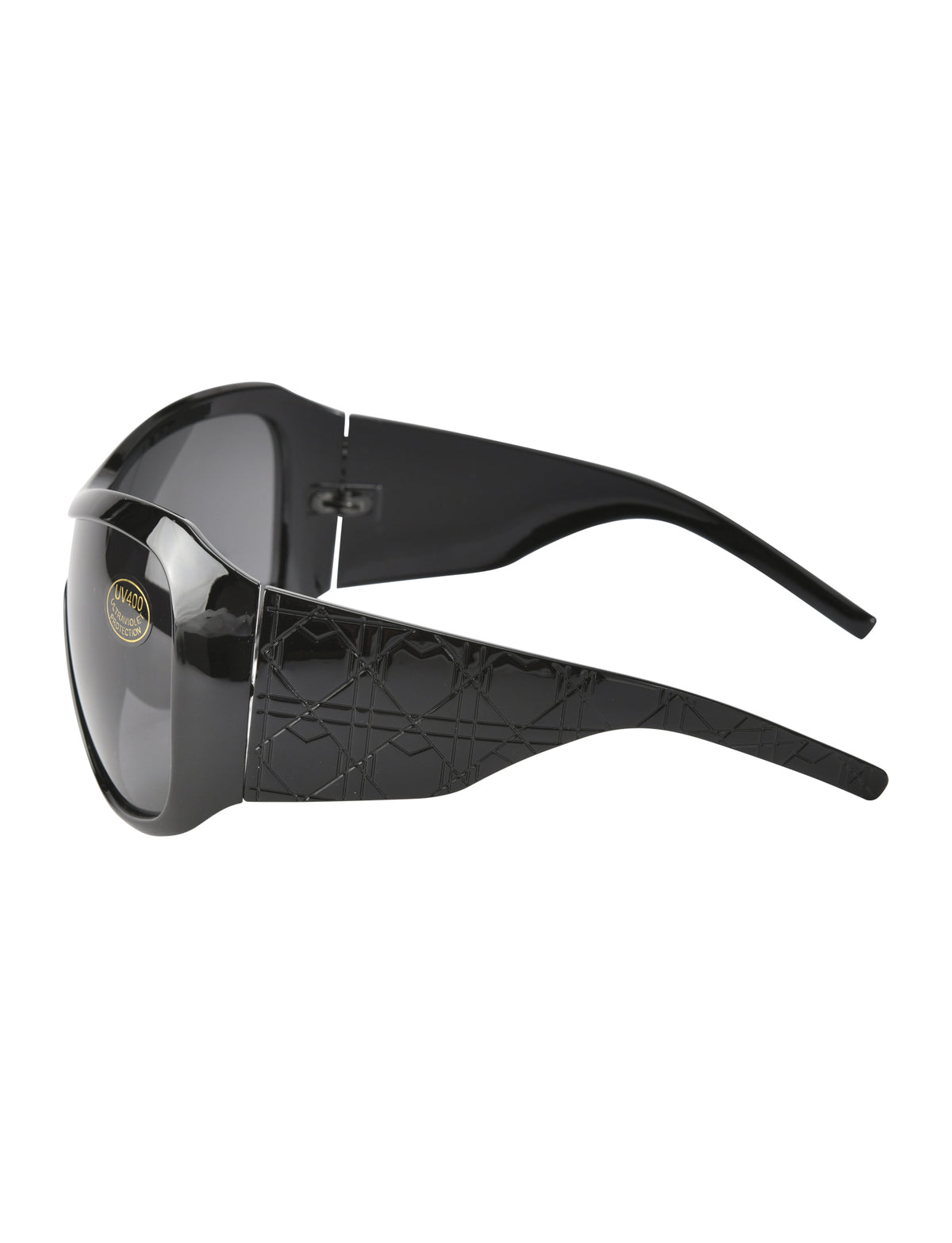 PAULIE FASHION SUNGLASSES - BLACK oversized shield sunglasses with a quilted-pattern temple and a UV400 protection sticker on the lens.