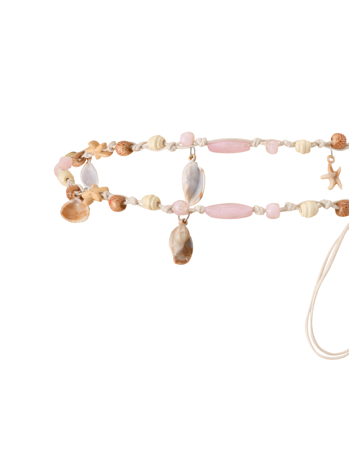 ARIEL BEADED BELT - TAN featuring natural seashells, small starfish charms, and pale pink beads on braided cord, perfect as a beach holiday accessory.