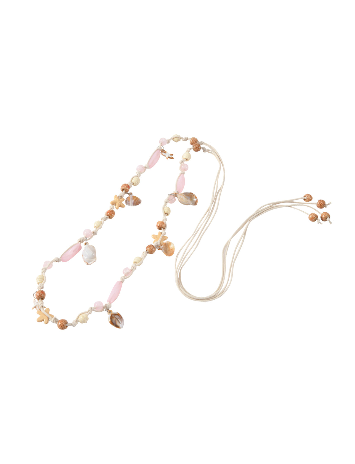ARIEL BEADED BELT - TAN featuring tan cord strung with pink beads, small seashells, and starfish charms.