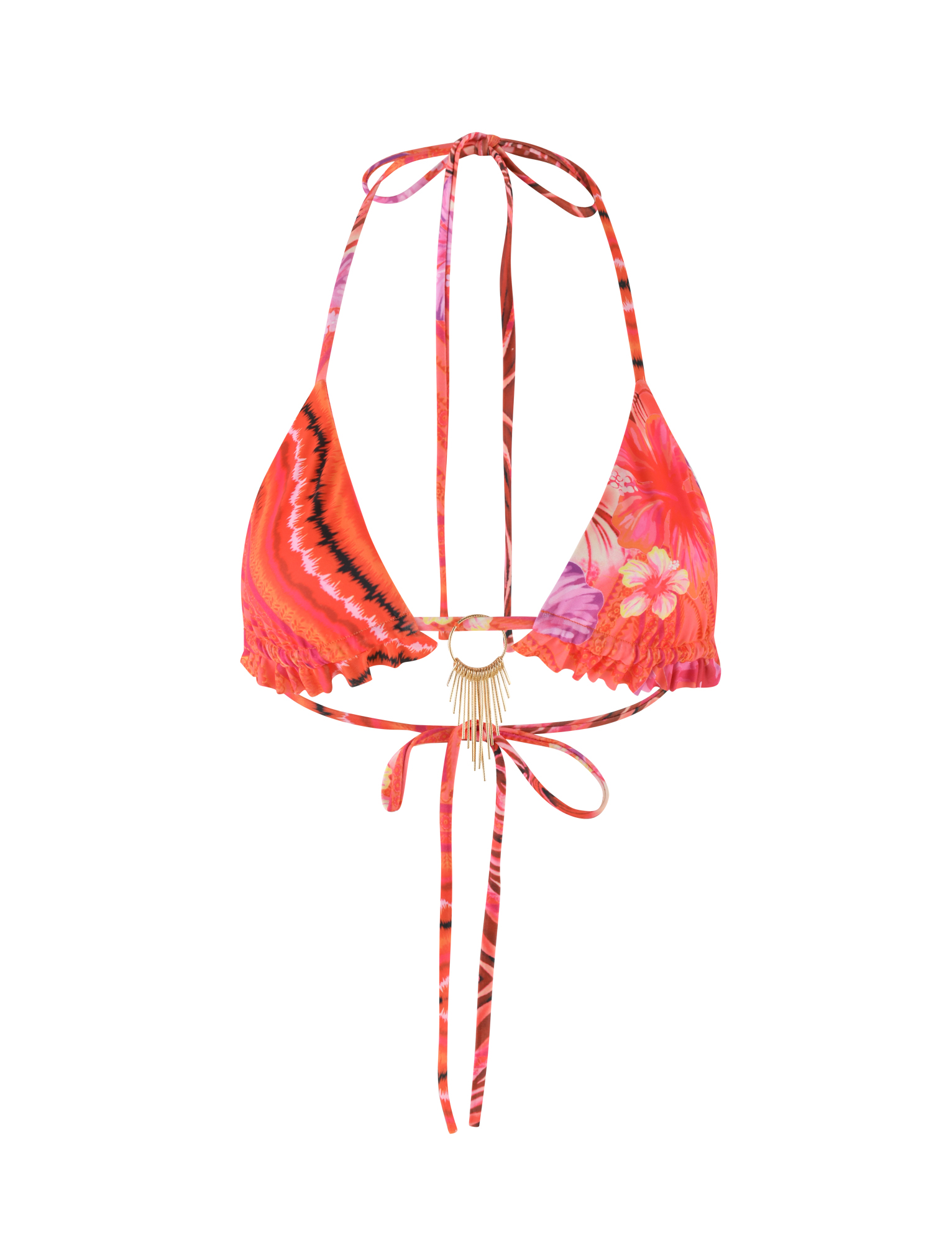 The CIANA BIKINI TOP by TIGERMIST features a vibrant red and pink tropical floral print, striped details, a gold ring with hanging tassels at the center, and an adjustable halter tie for a perfect fit.
