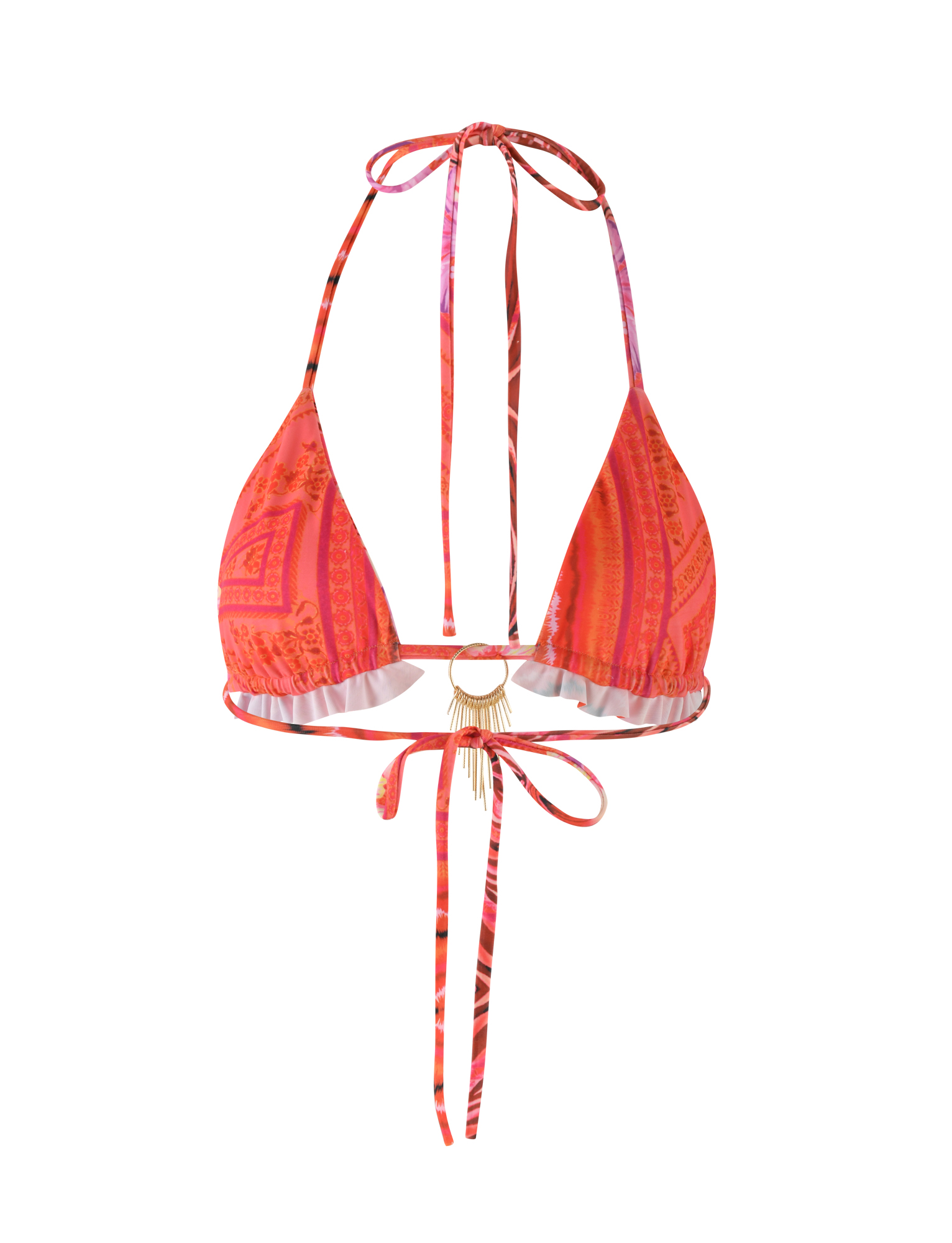 The TIGERMIST CIANA BIKINI TOP features a pink tropical floral print, triangle cups, gold center embellishment, and adjustable halter neck and back ties.