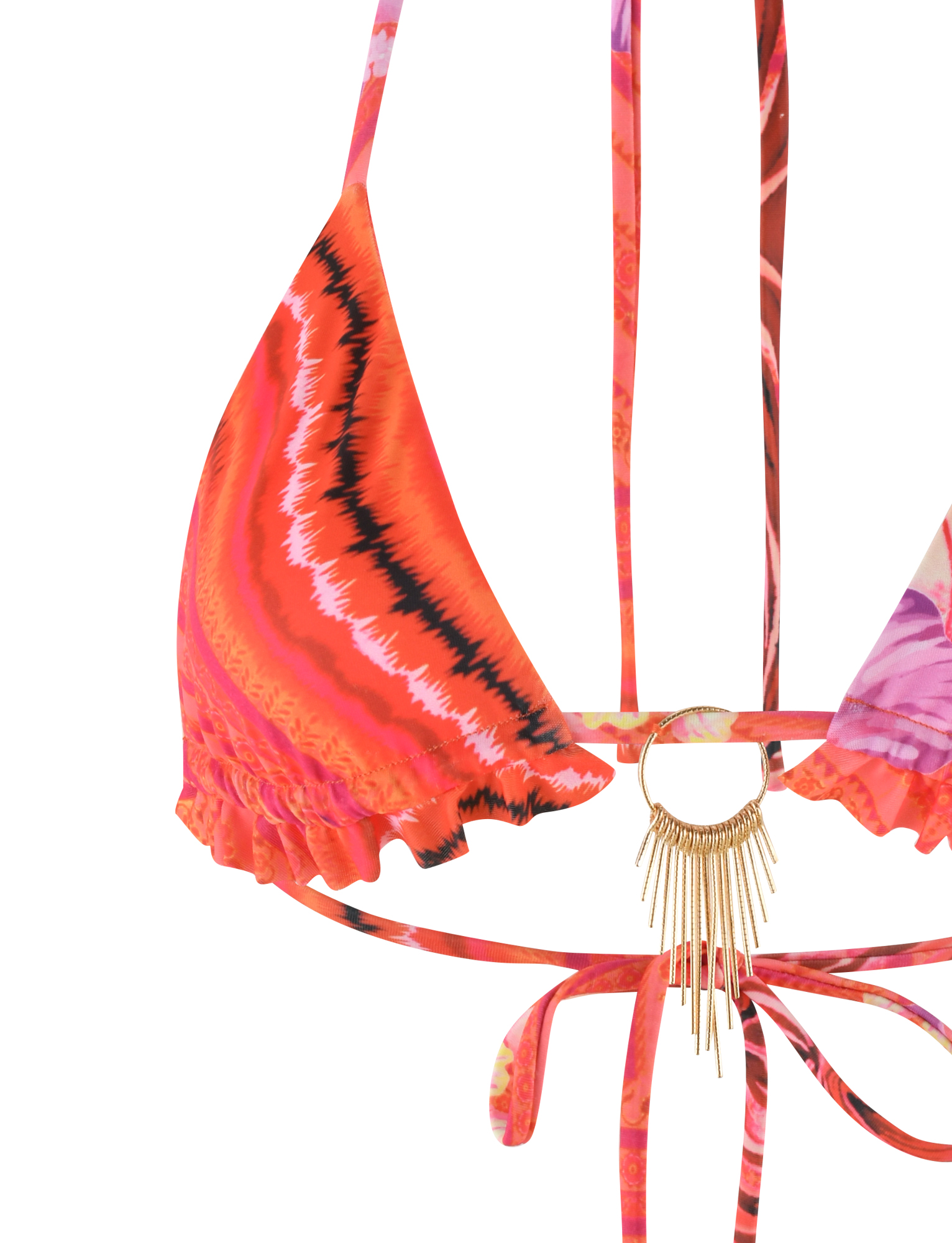 Close-up of the TIGERMIST CIANA BIKINI TOP in Pink Tropical Floral, featuring orange, red, and pink patterns with ruffled edges and a gold decorative ring with dangling elements at the center front.