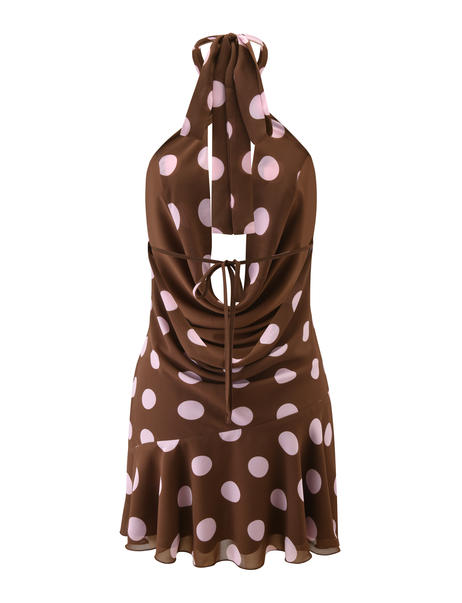 The TIGERMIST ZYLA MINI DRESS features a halter-neck, brown fabric with large pink dots, an open draped back, mid-back tie, and flared hem.