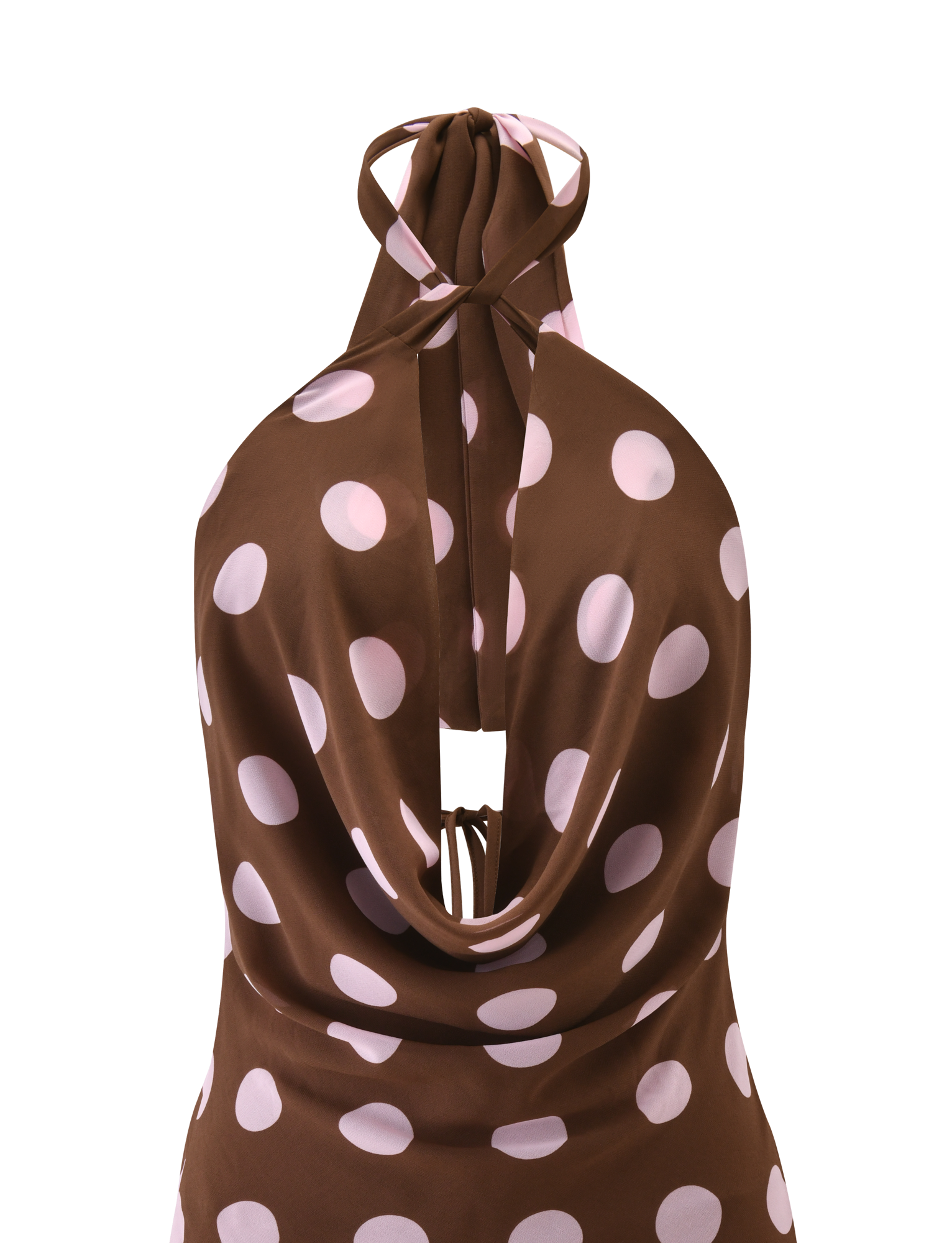 The ZYLA MINI DRESS by TIGERMIST features brown and pink dots, an open back with crisscross neck straps, and a smooth, satin-like finish for a chic cowl halter look.