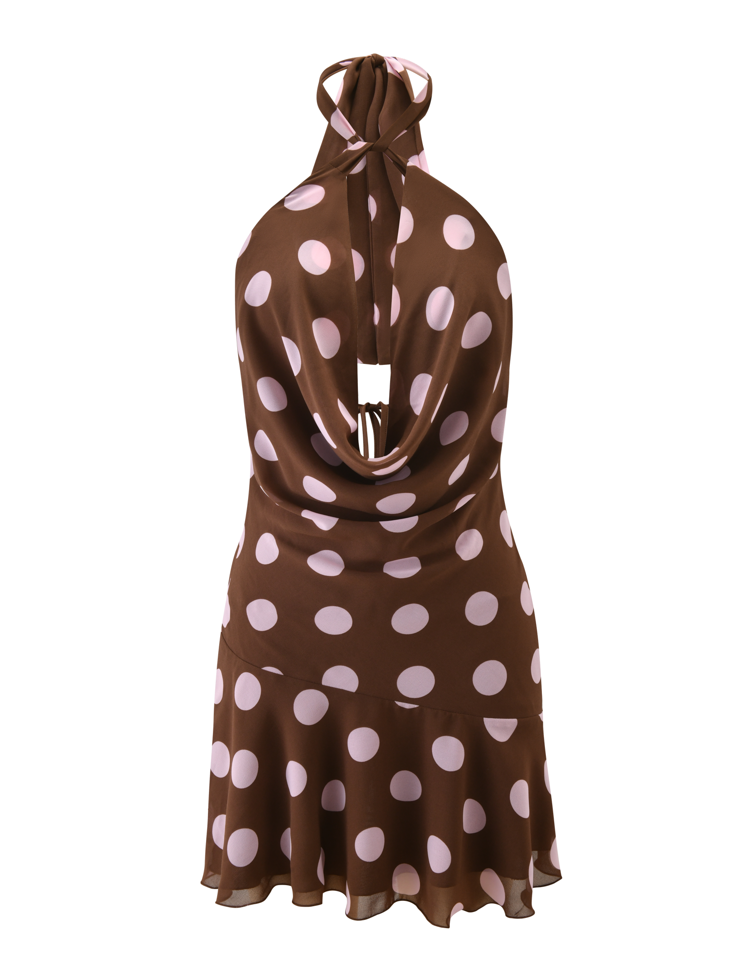 The TIGERMIST ZYLA MINI DRESS features a sleeveless brown design with large light pink dots, cowl halter neck, open back, and a ruffled flowy hem. Displayed on a plain white background.