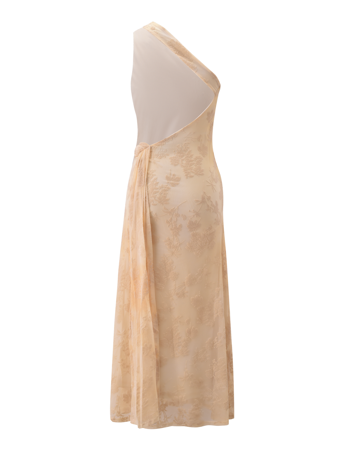 The TIGERMIST CHARLYSE ONE SHOULDER MAXI DRESS in butter yellow features a sleeveless, one-shoulder neckline, sheer mesh top, ruched waistband, and a floral skirt design, shown on a white background.