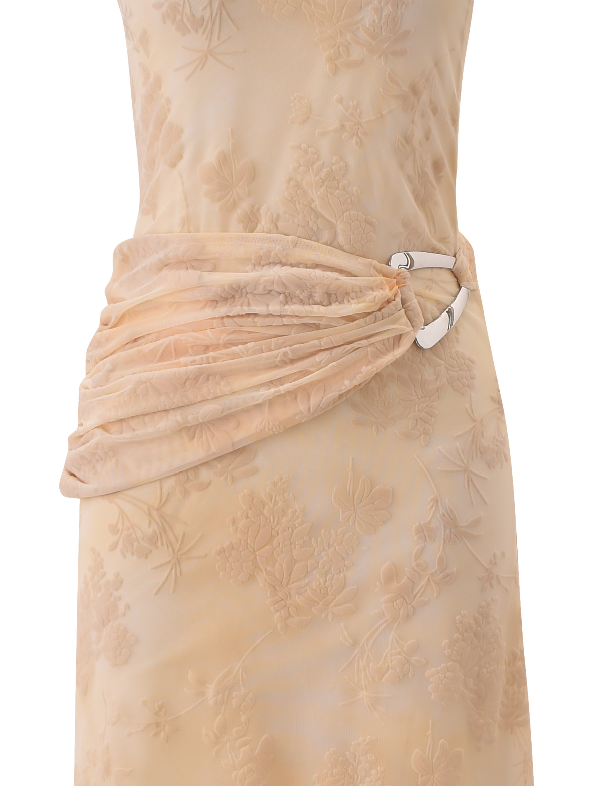 A close-up of the TIGERMIST CHARLYSE ONE SHOULDER MAXI DRESS in butter yellow, featuring floral mesh, delicate embroidery, and a gathered drape on one side secured by a silver clasp.