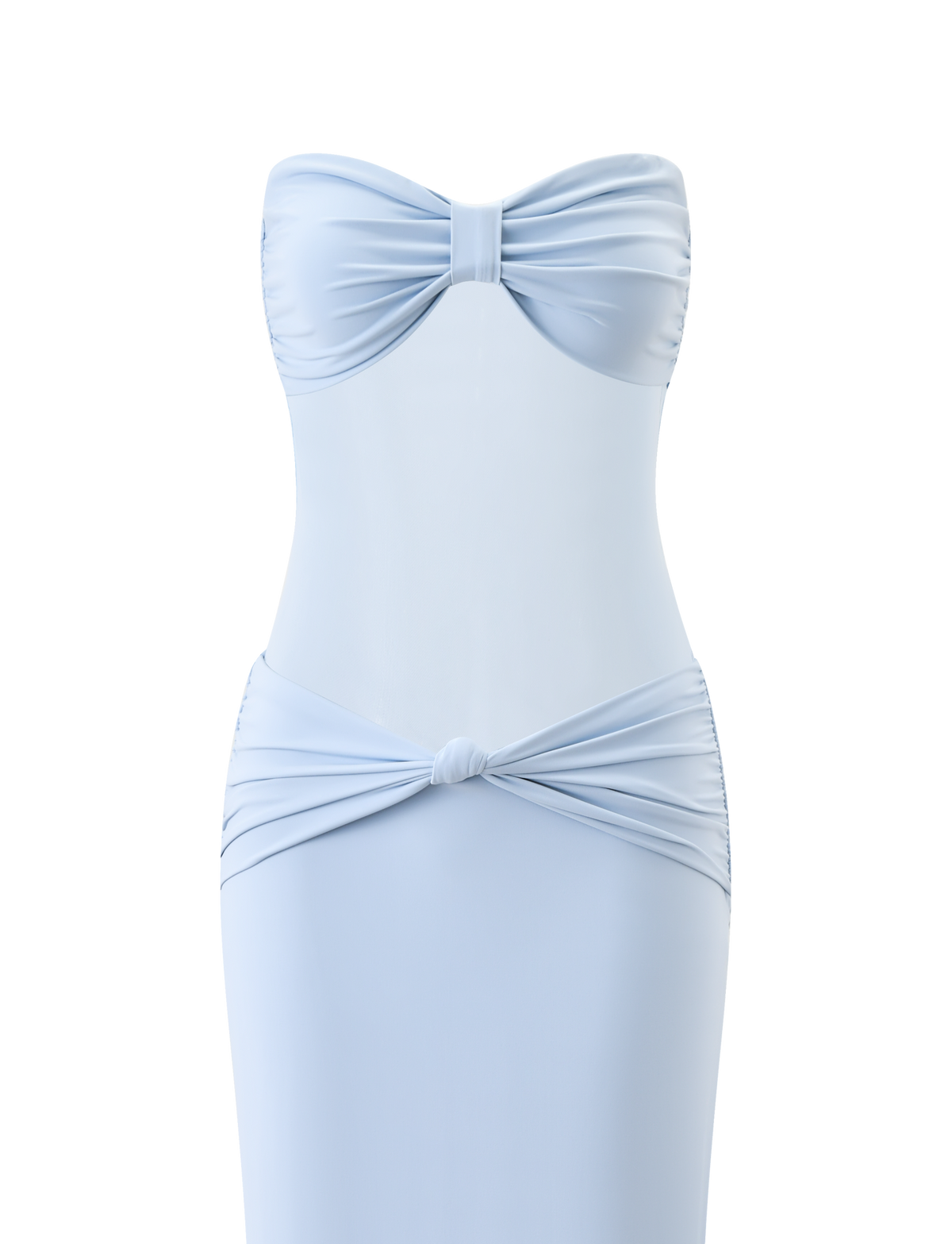 The TIGERMIST AIYANNA MAXI DRESS in light blue is a strapless maxi dress with a fitted bodice, gathered fabric, and bow-tie knot details at the bust and hips, shown against a plain white background.