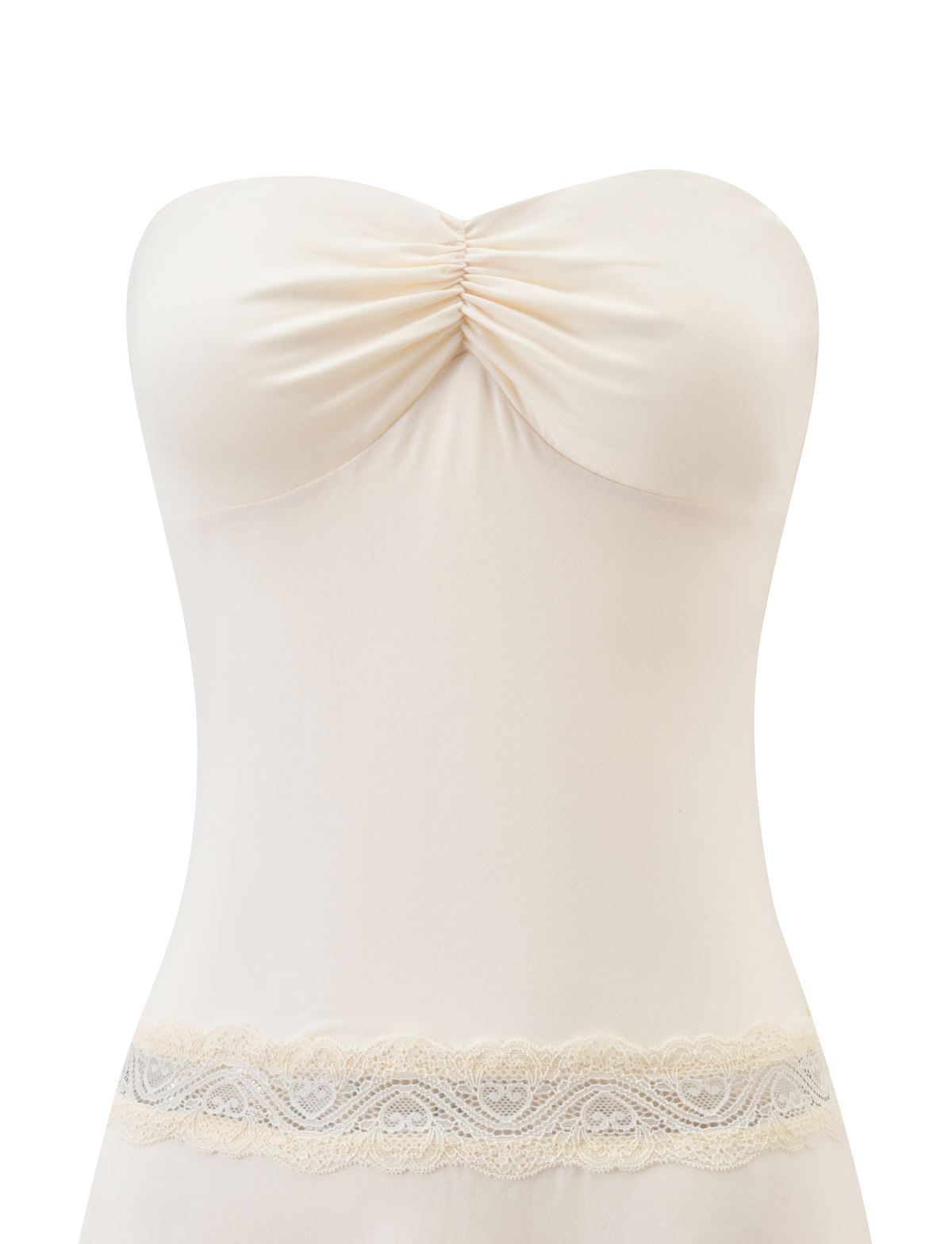 The DELARA DRESS - CREAM by TIGERMIST is a strapless mini dress with a figure-hugging fit, ruched bust, and delicate lace waist insert, shown on a white background.