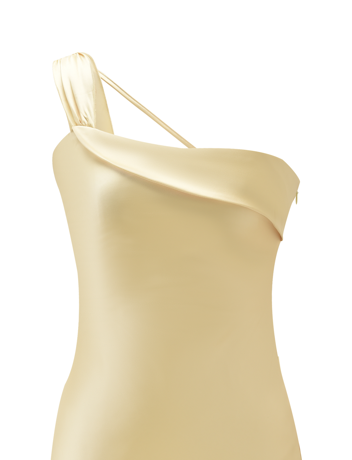 A close-up of the TIGERMIST RAINEY MINI DRESS in Butter, featuring a light yellow satin fabric, one-shoulder design, asymmetrical neckline, and draped detail. The background is plain white.